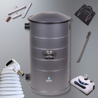 Commercial Central Vacuum system unit parts and accessories with white powerhead and black bag tools and wand on a gray background 