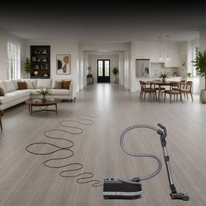 A Sebo D4 vacuum cleaner with a long gray hose and black base is shown in a bright, modern open-plan living and dining room. The vacuum is positioned in the lower right foreground, with its cord traced across the light wood floor toward the left side of the room.
