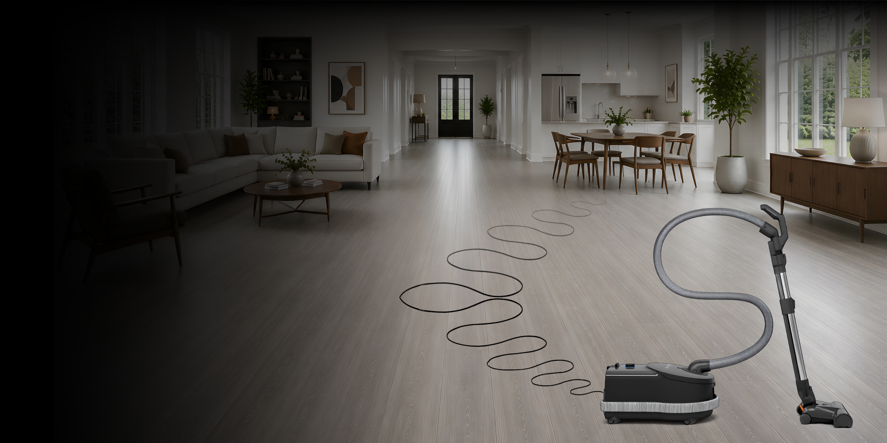 A Sebo vacuum cleaner with a long flexible hose is shown in a modern, spacious living room. The vacuum is positioned in the lower right corner, with its cord elegantly trailing across the light wood floor toward the center of the room.