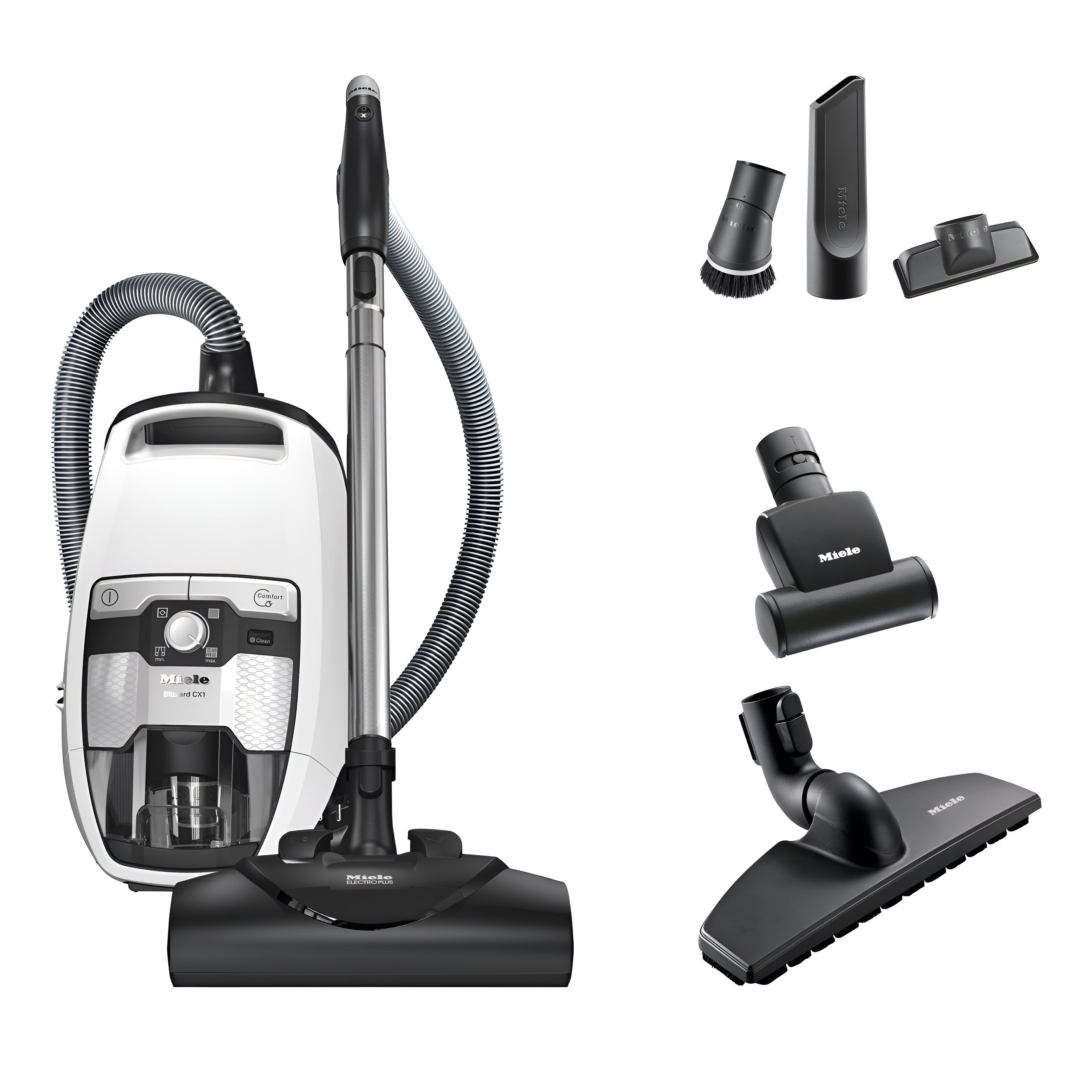 Miele Blizzard CX1 Bagless vacuum cleaner with attachments on a white background
