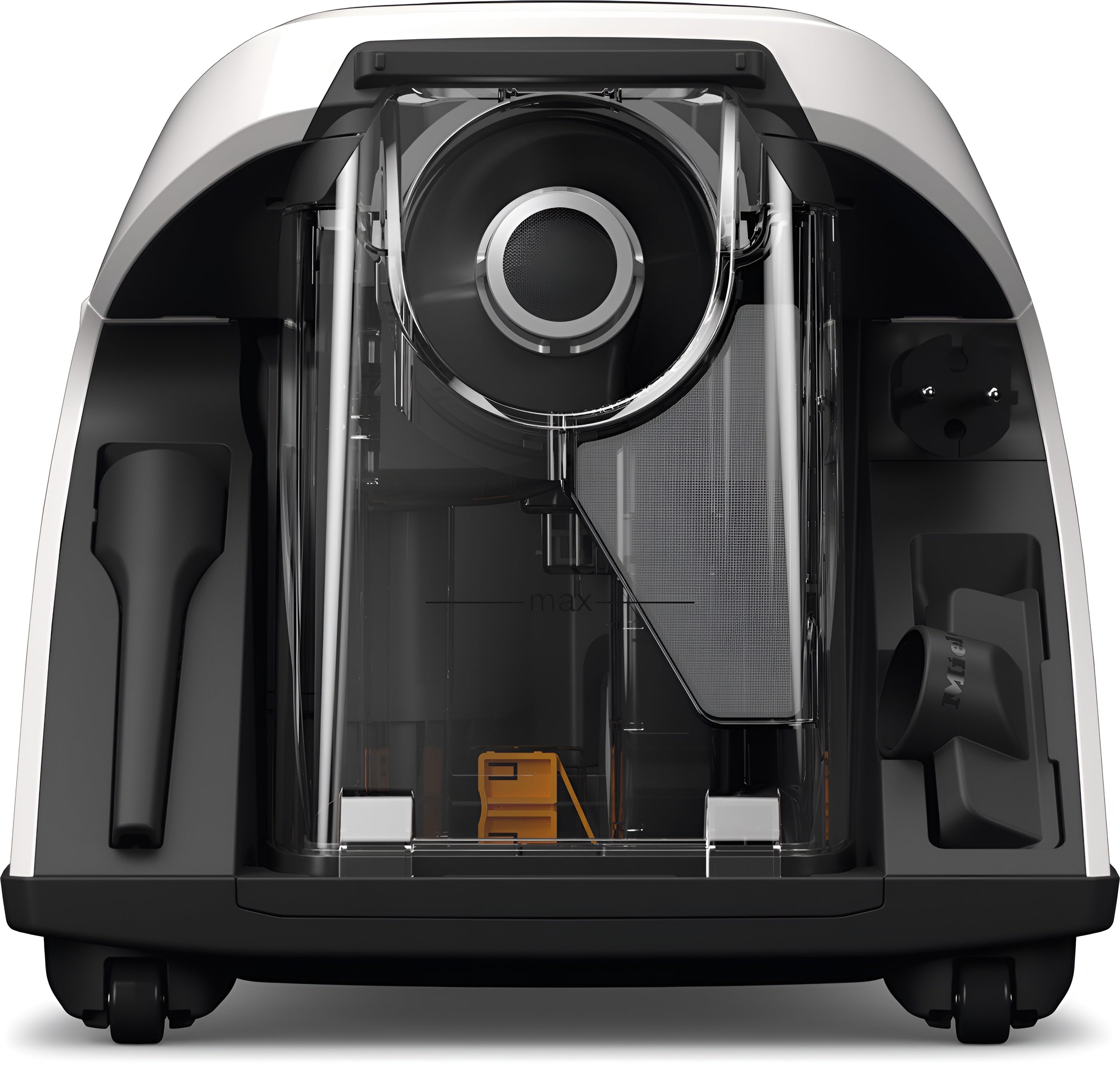 Back view of Miele Blizzard CX1 Cat & Dog Bagless Vacuum with transparent front panel