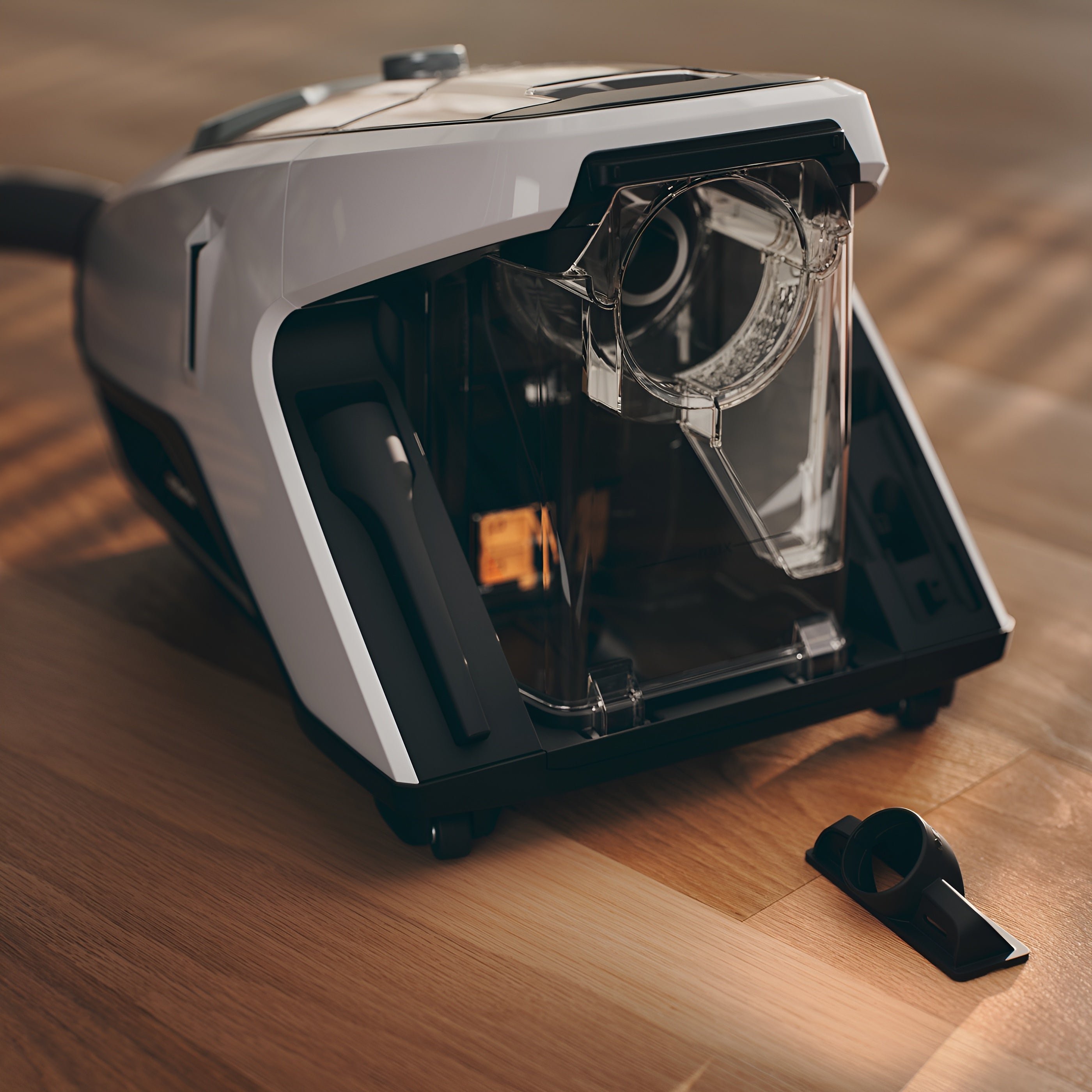 Miele Blizzard CX1 Cat & Dog Bagless Vacuum on a wooden surface with a blurred background