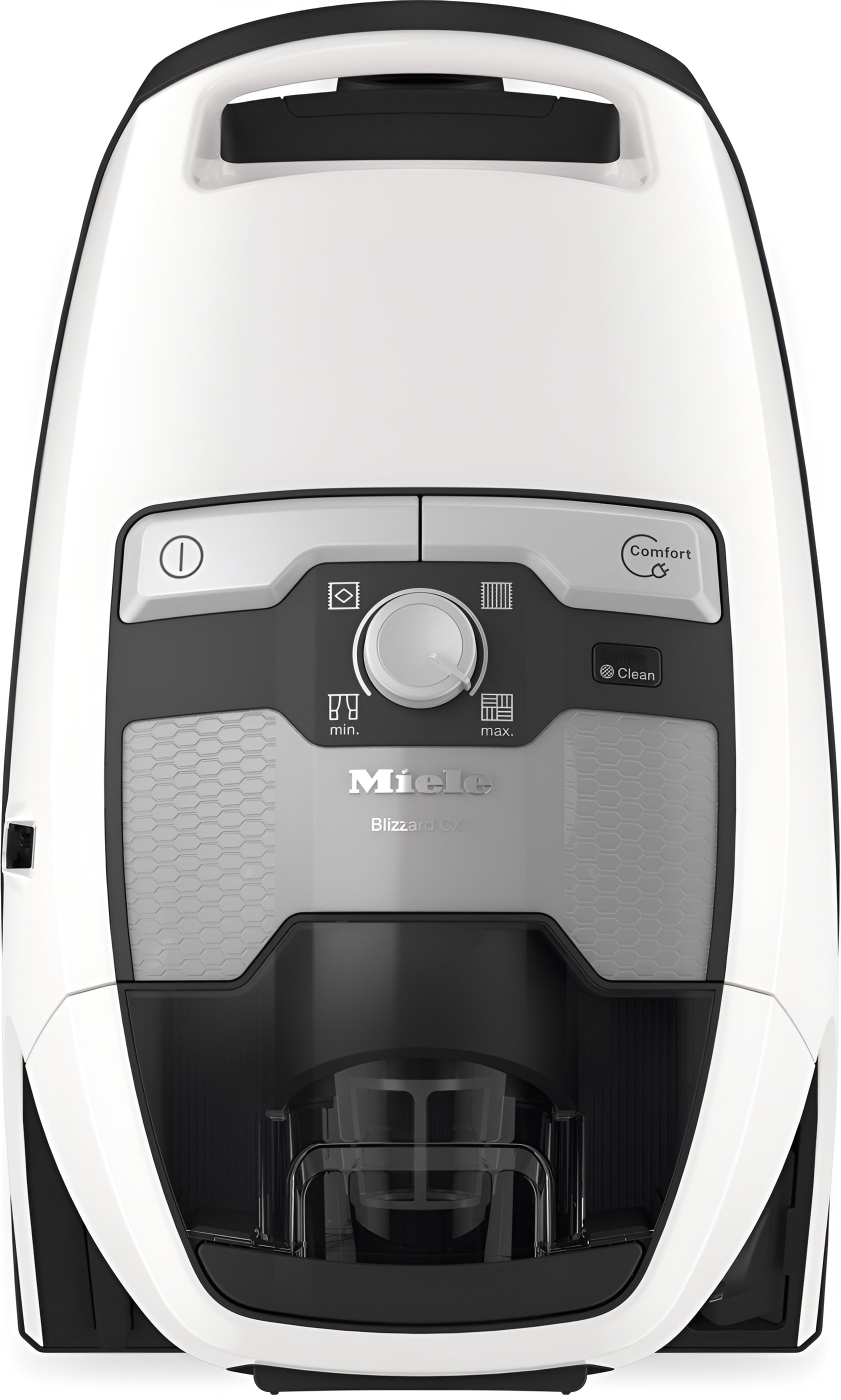 White and black Miele Miele Blizzard CX1 Cat & Dog Bagless Vacuum vacuum cleaner on a white background