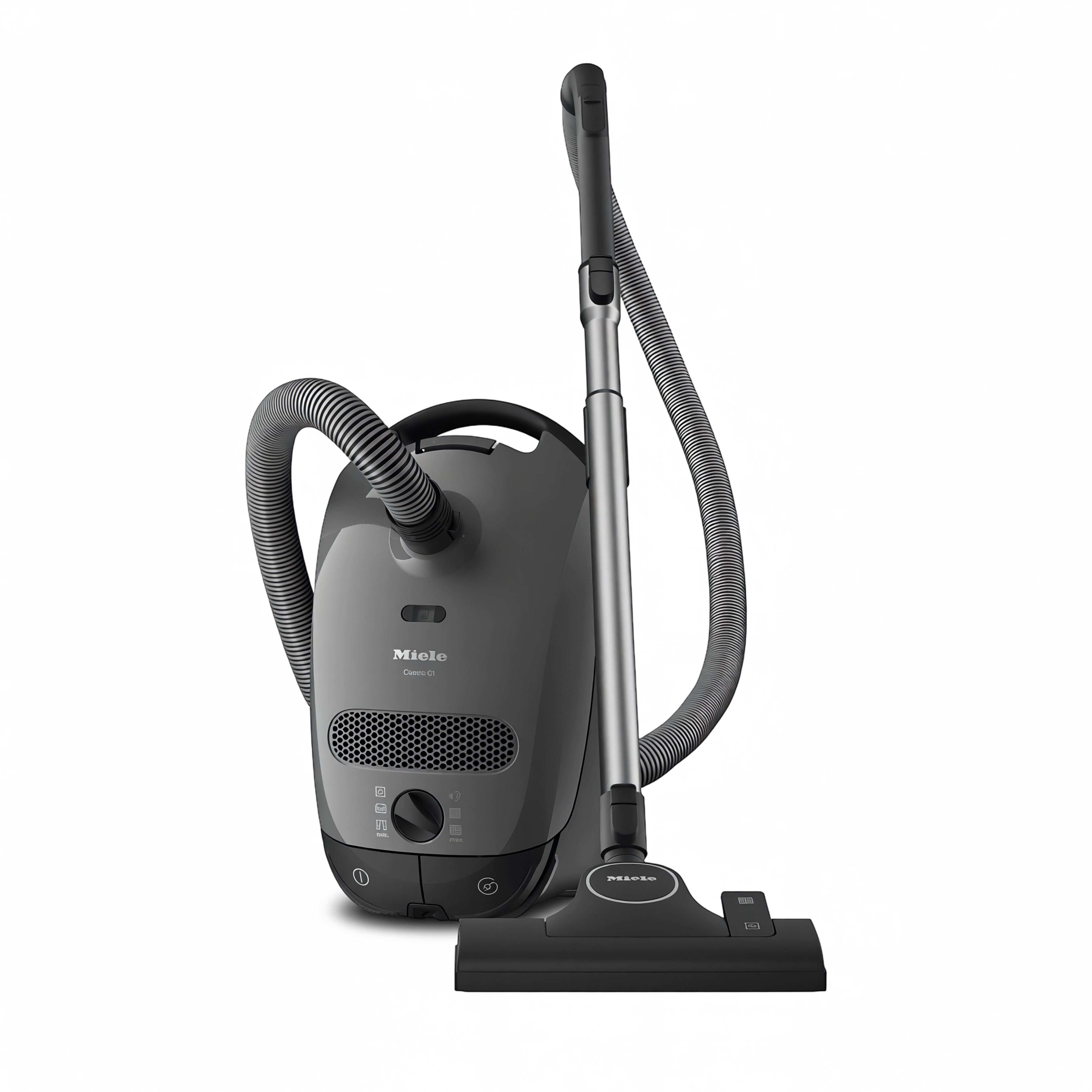 Gray Miele vacuum cleaner on a white background
