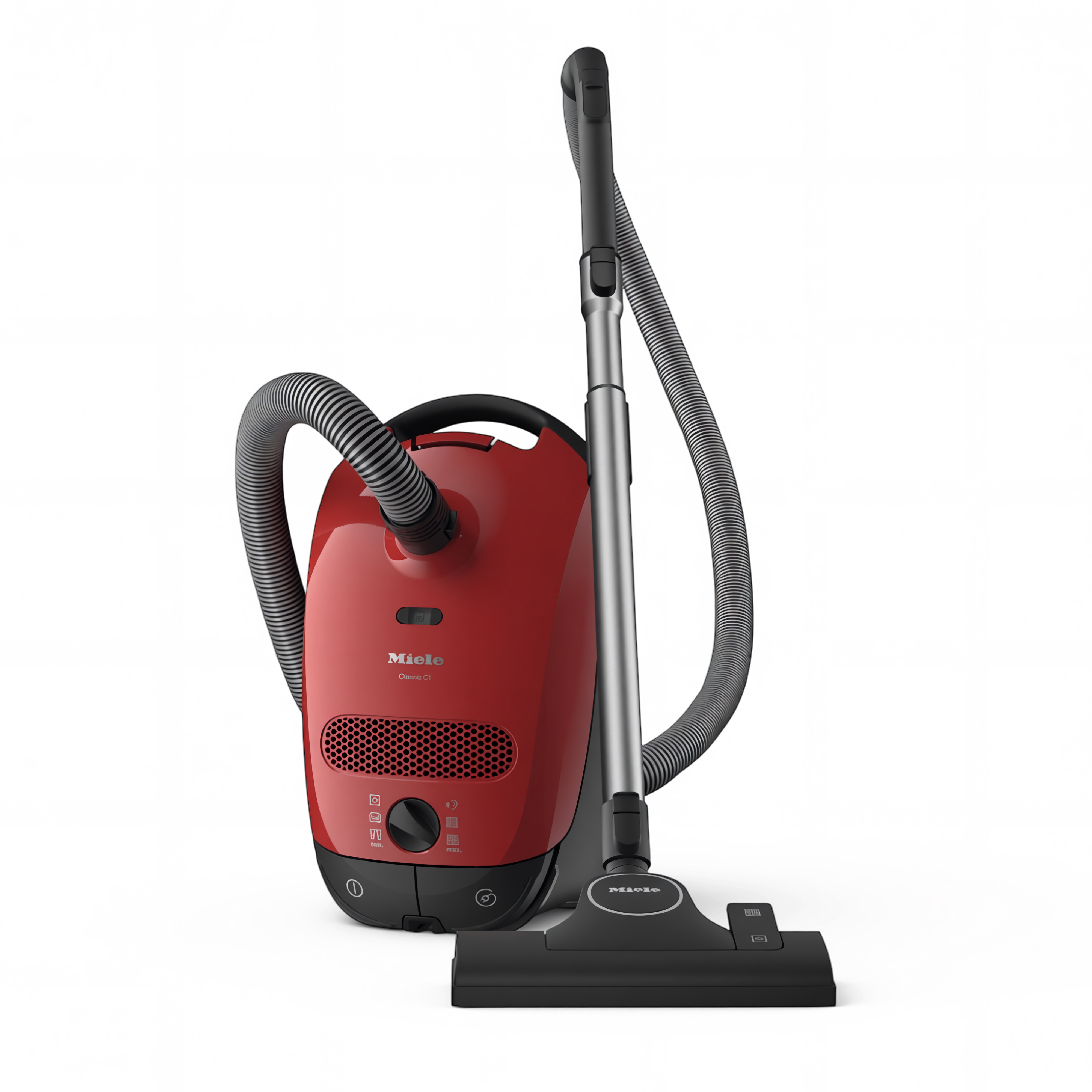 Red Miele canister vacuum cleaner with a long hose on a transparent background