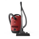 Red Miele canister vacuum cleaner with a long hose on a transparent background