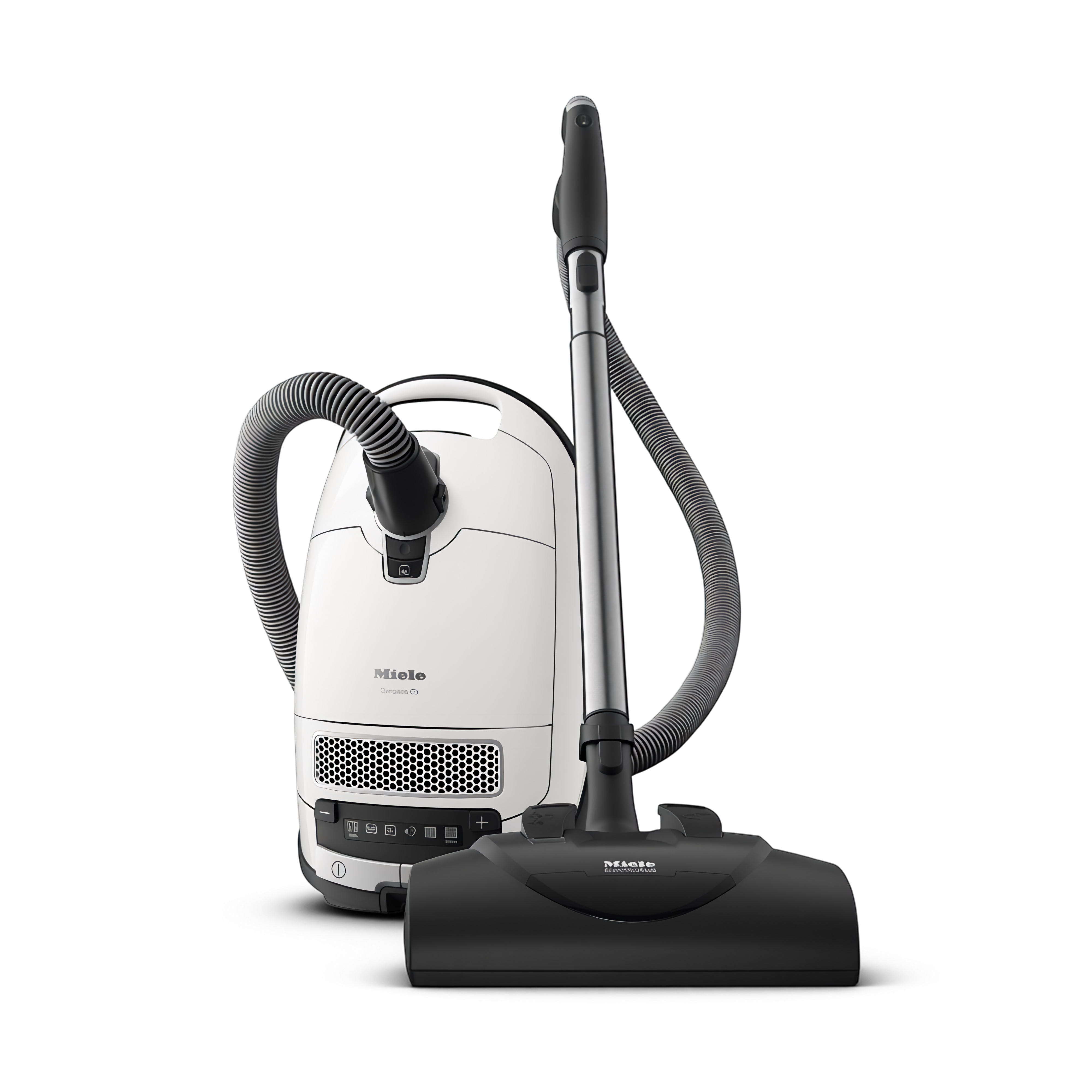 White and black Miele Canister vacuum cleaner on a white background