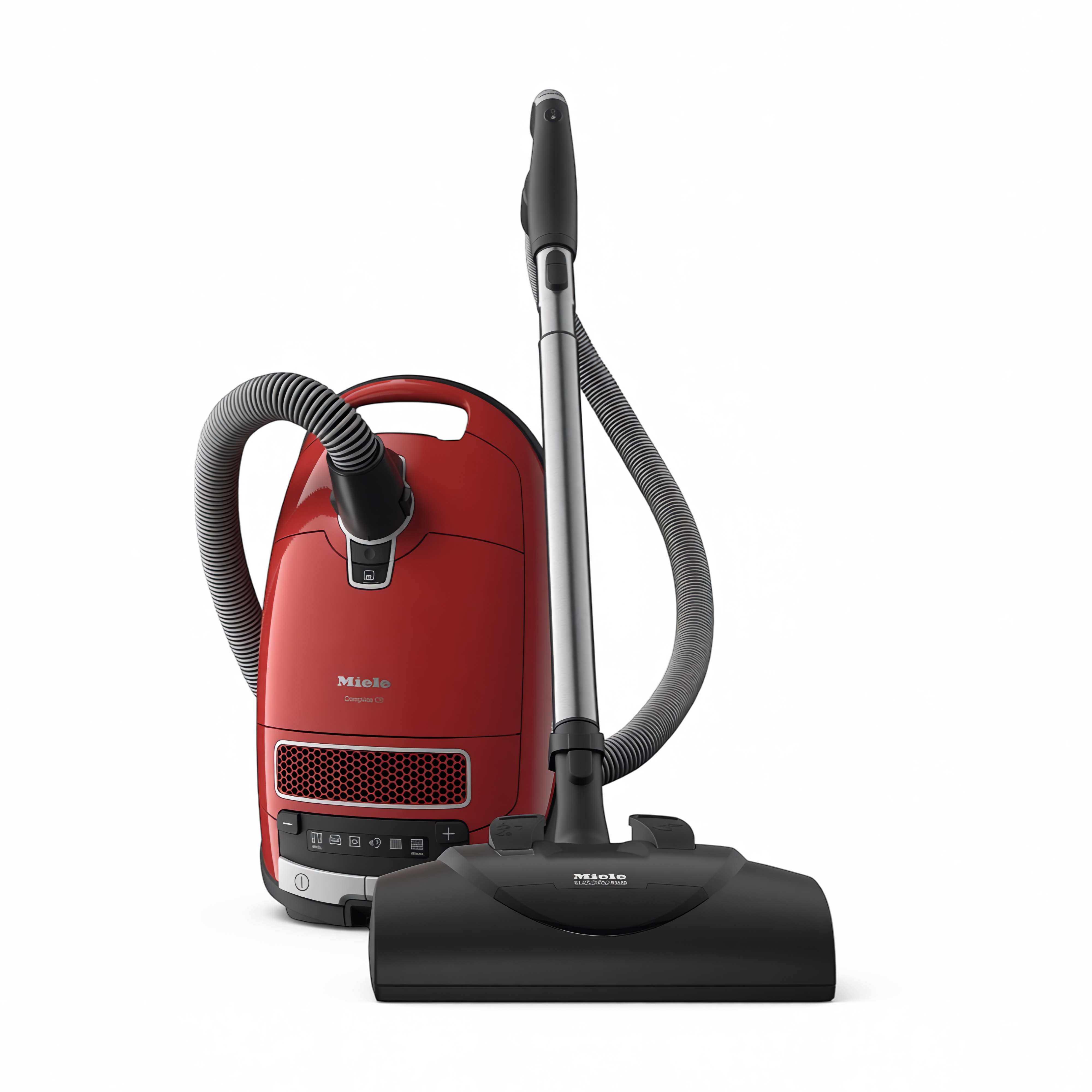 Red Miele vacuum cleaner with black attachments on a white background