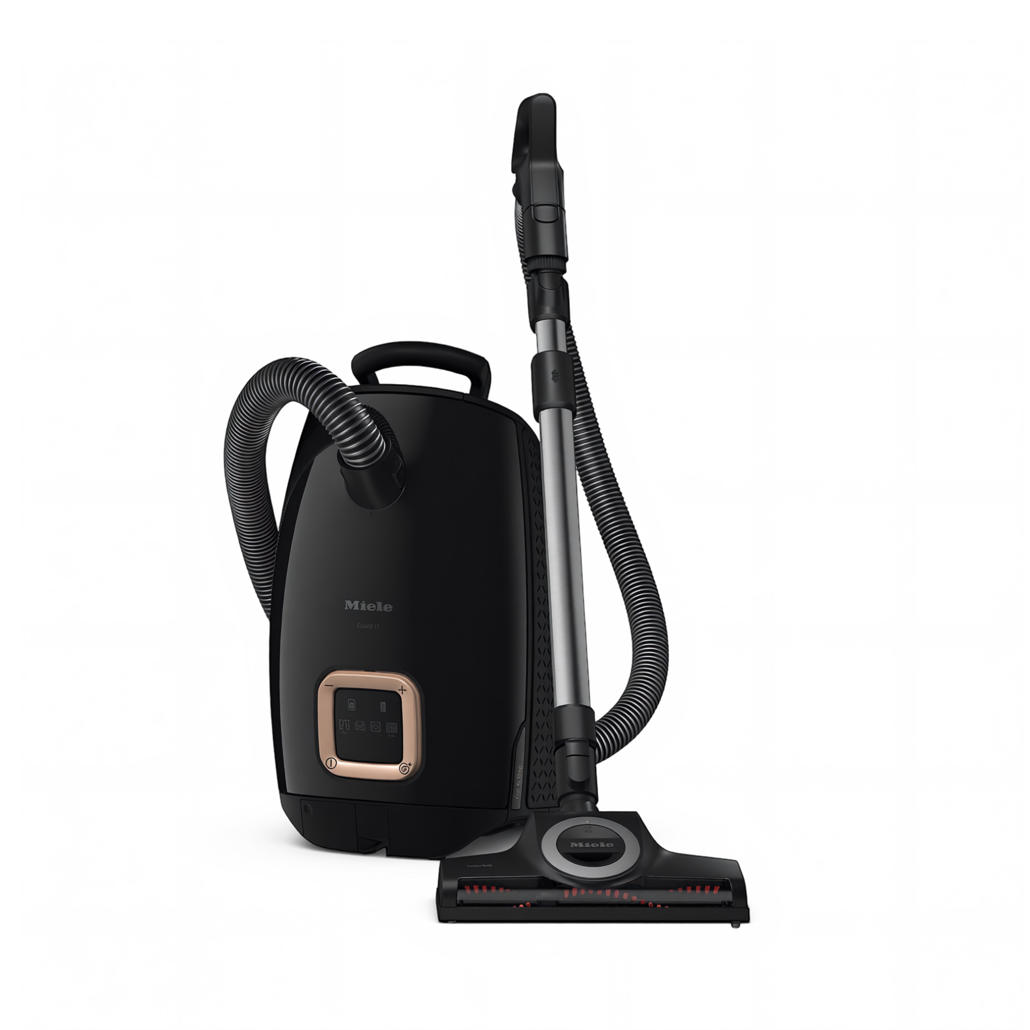 Black Miele Guard L1 canister vacuum on transparent background