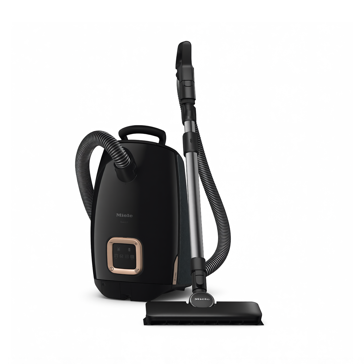 A black Miele Guard L1 AllFloor Canister Vacuum on a white background