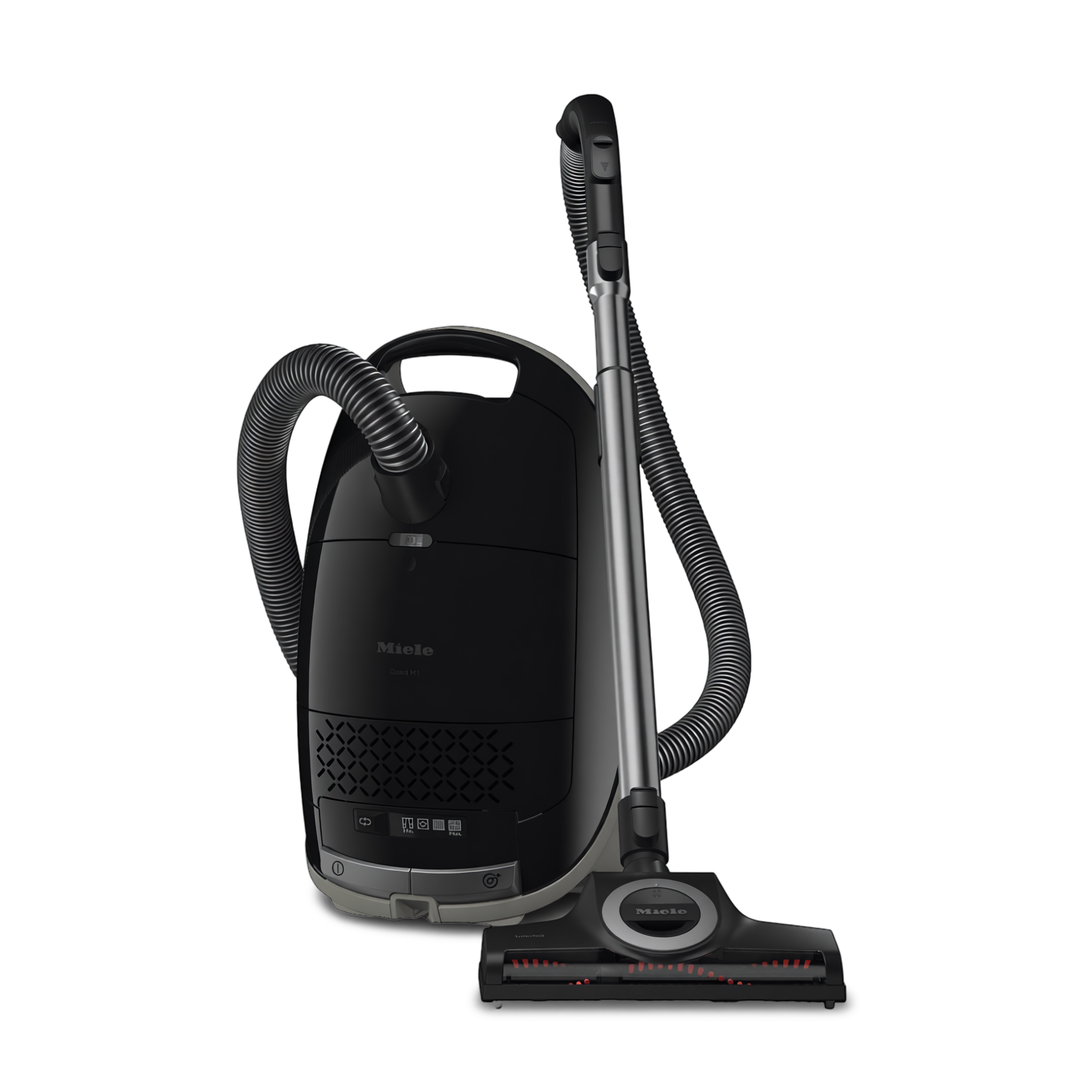 Black Miele canister vacuum on transparent background