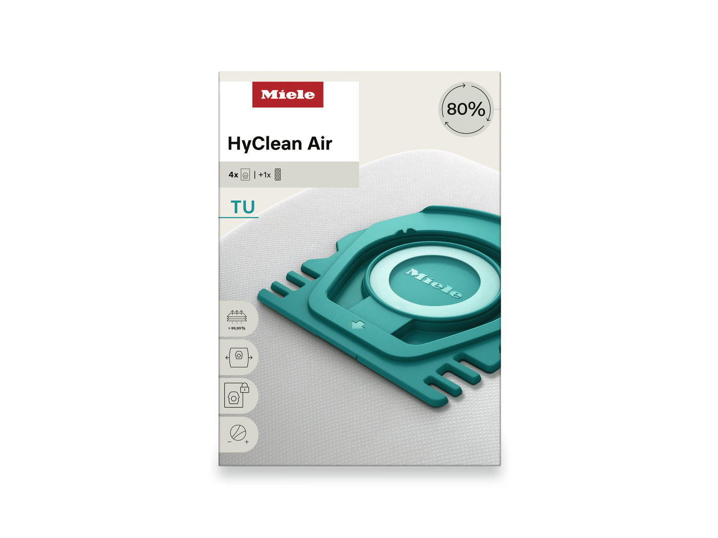Front of box Miele TU HyClean Air 4 pack bags and one regular filter for Guard L1 and S1