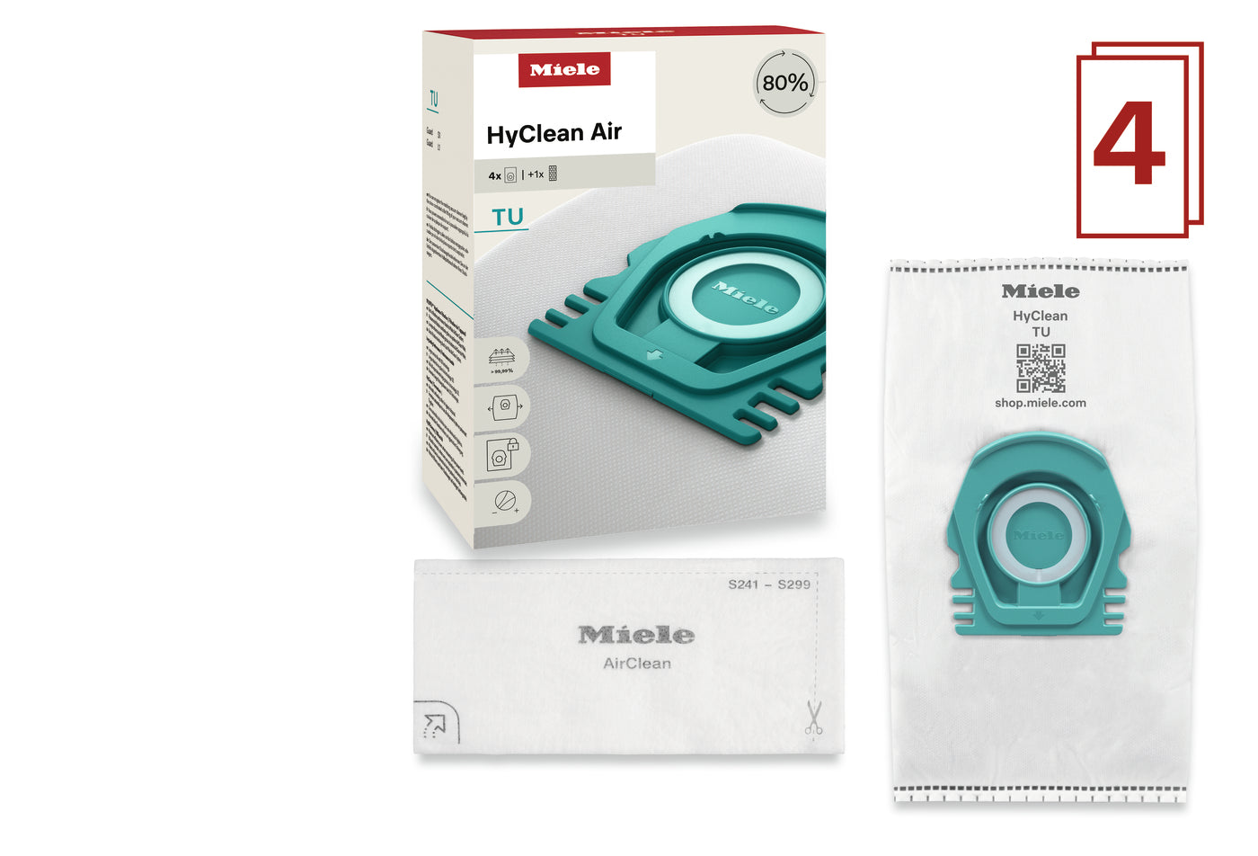 Miele TU HyClean Air 4 pack bags and one regular filter for Guard L1 and S1
