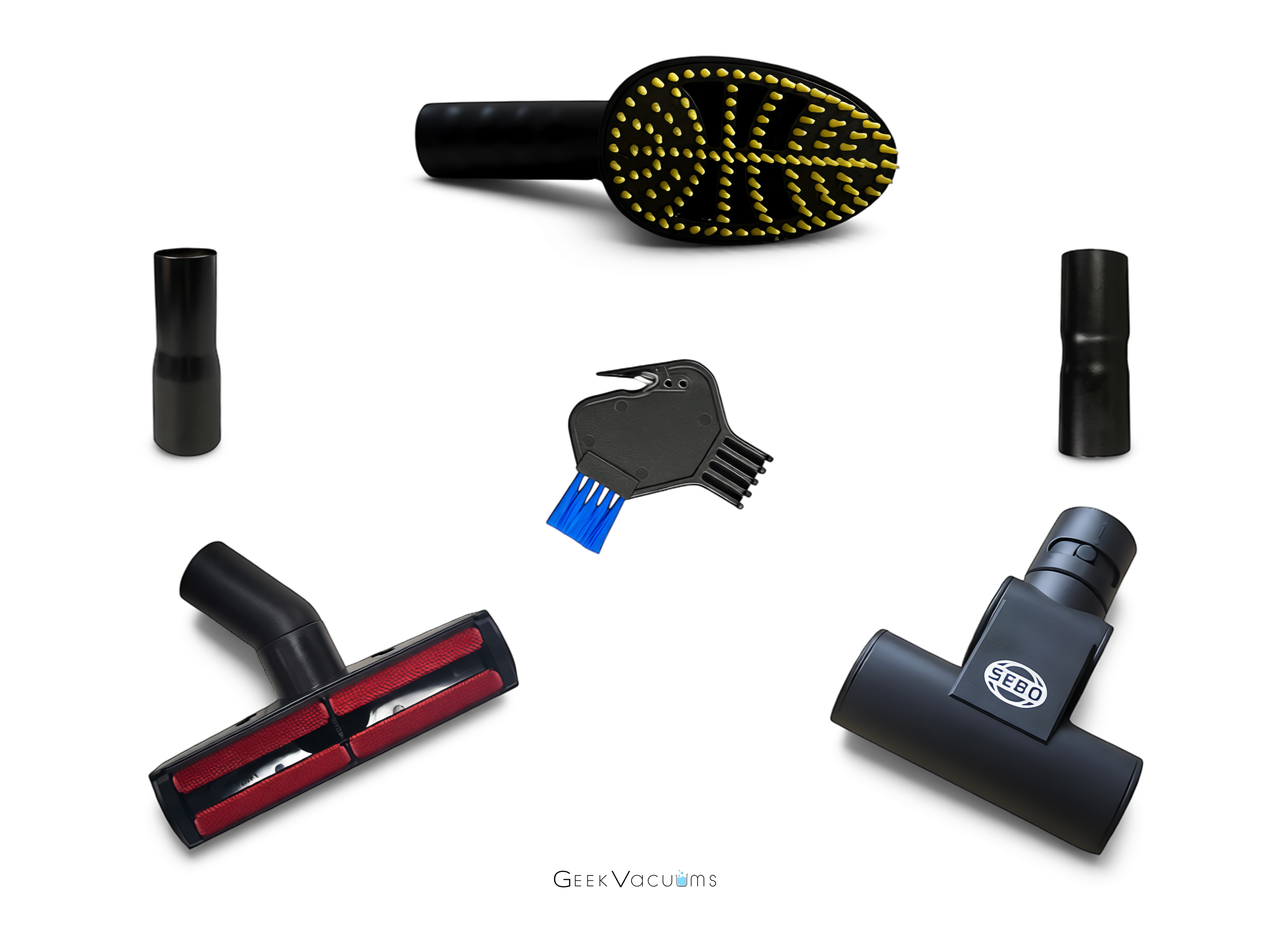 SEBO 1993PK 6 piece pet attachment set with upholstery nozzle turbo handheld brush grooming brush adapters and brush roller cleaning tool