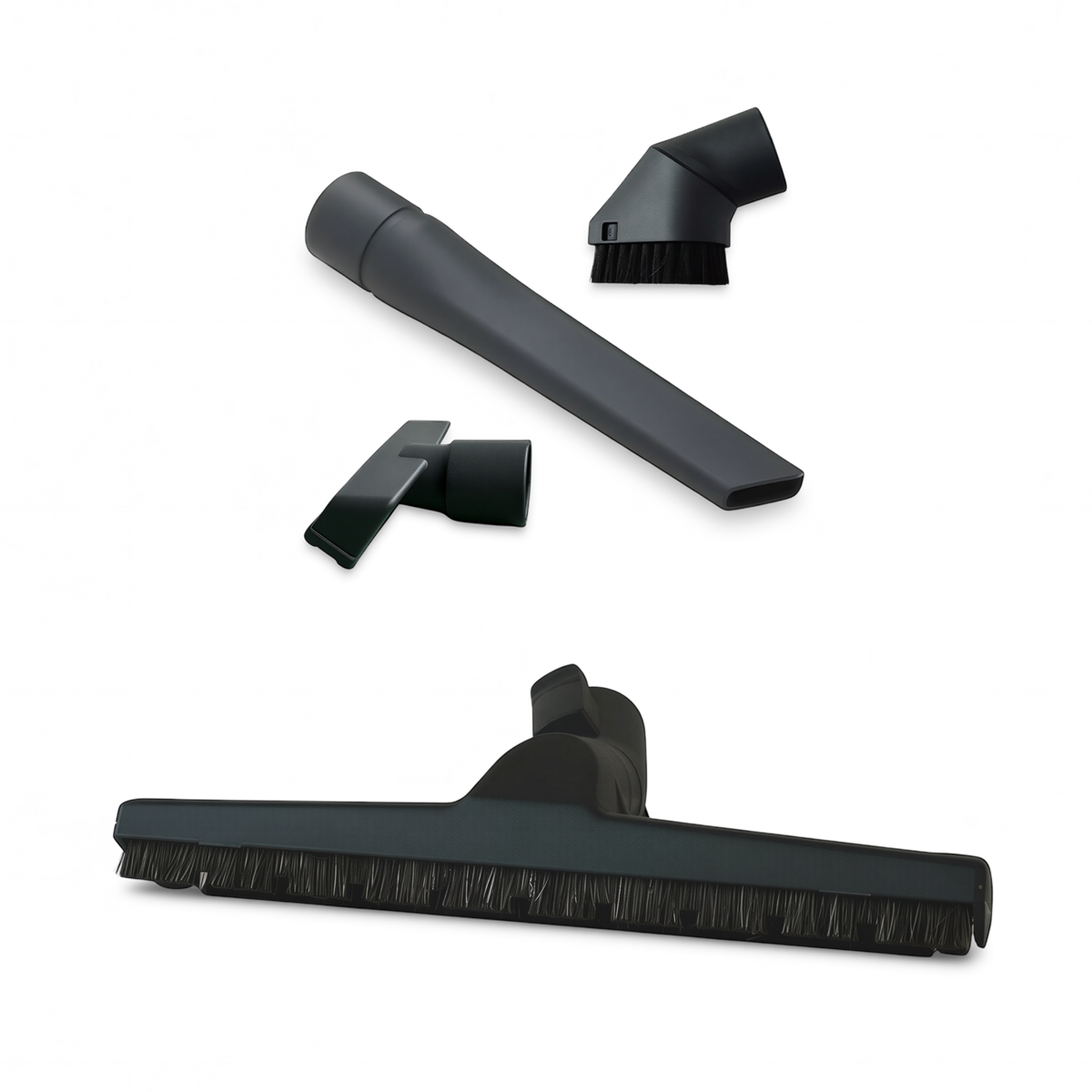 Accessories included with the Sebo D4 Premium: crevice tool, dusting brush, upholstery nozzle and hard floor brush.