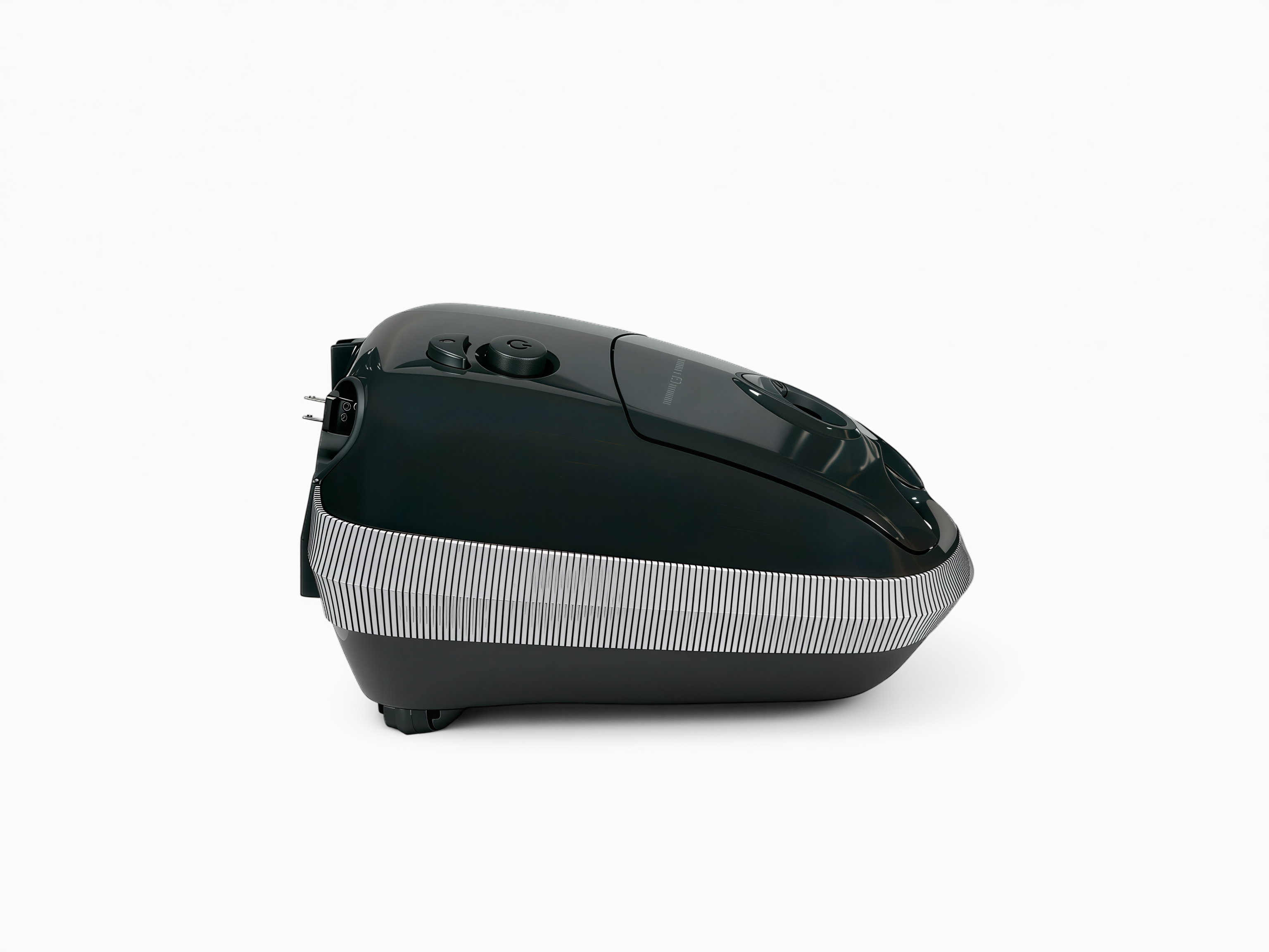 Onyx black Sebo E3 Premium canister body from the side, showing its low profile and wraparound Airbelt bumper