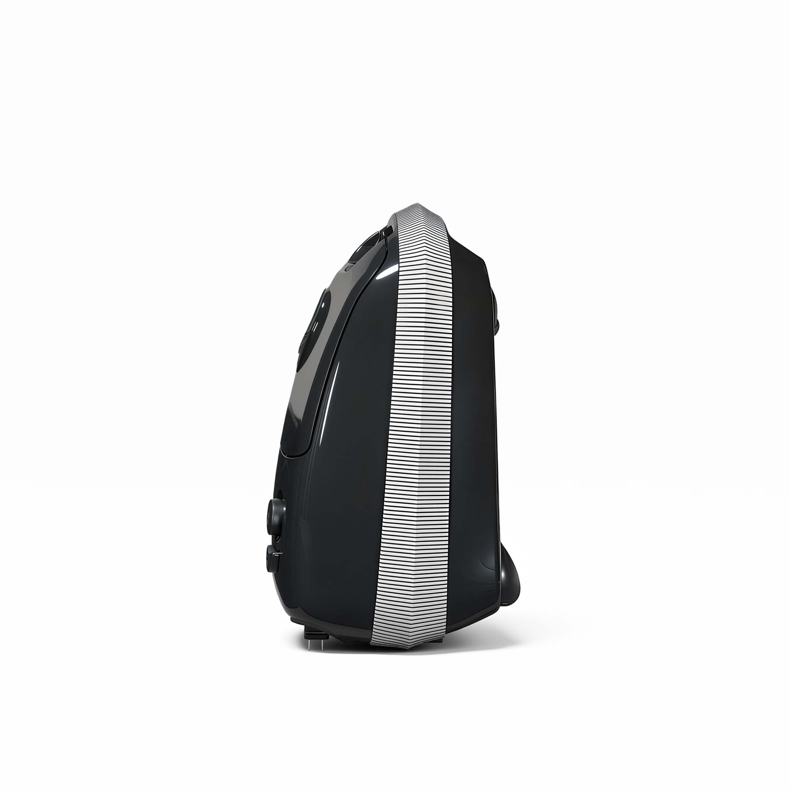 Onyx black Sebo E3 Premium canister standing upright on its end, seen from the side
