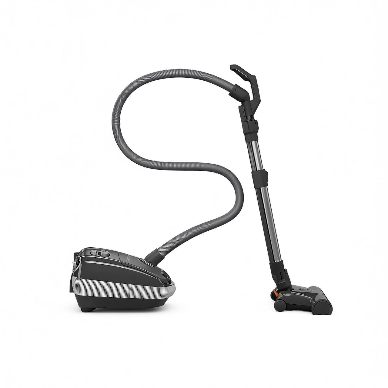 Onyx black Sebo E3 Premium canister vacuum from the side, with the hose, wand and ET-1 powerhead attached