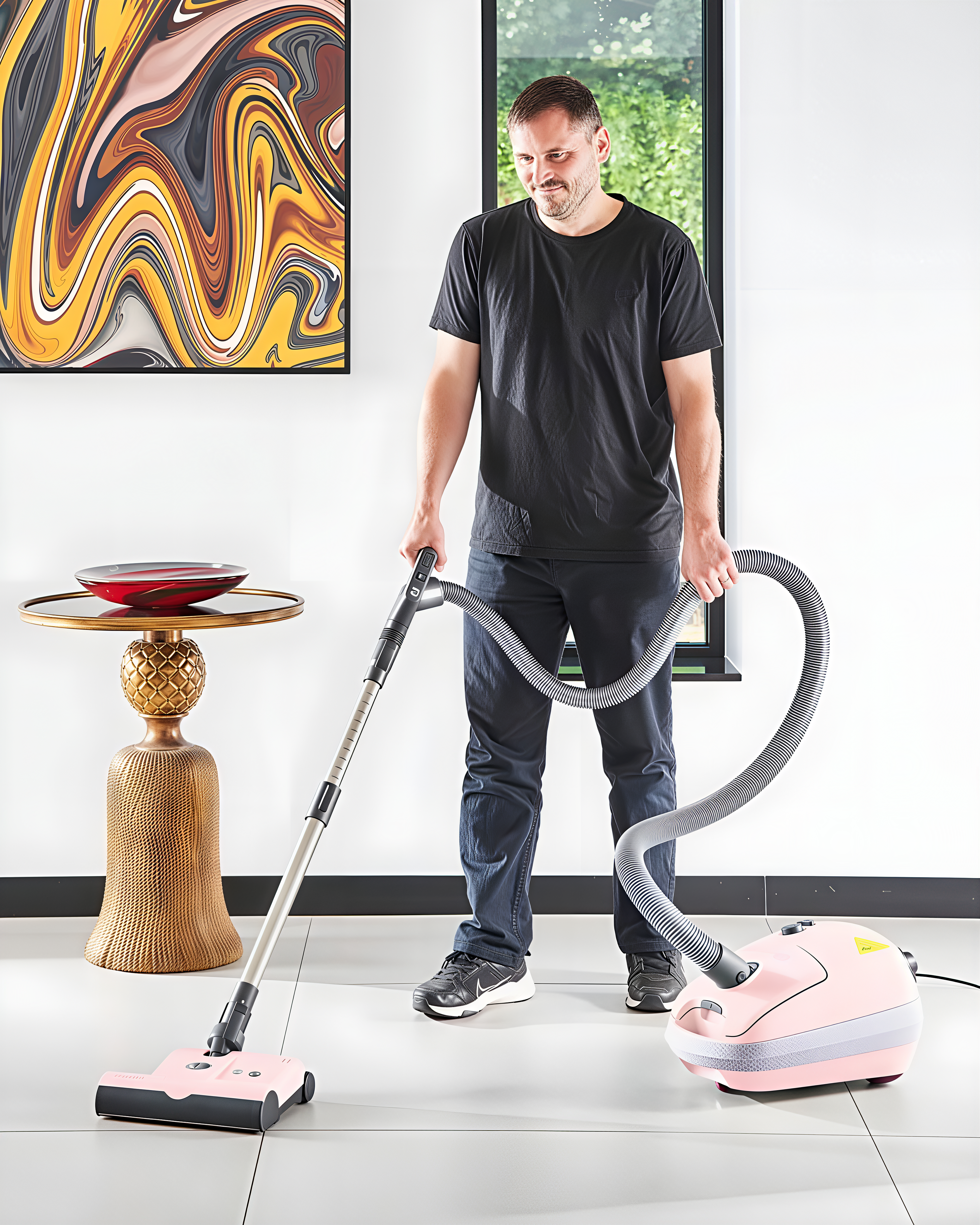 Man vacuuming a tile floor with a pastel pink Sebo E3 Premium