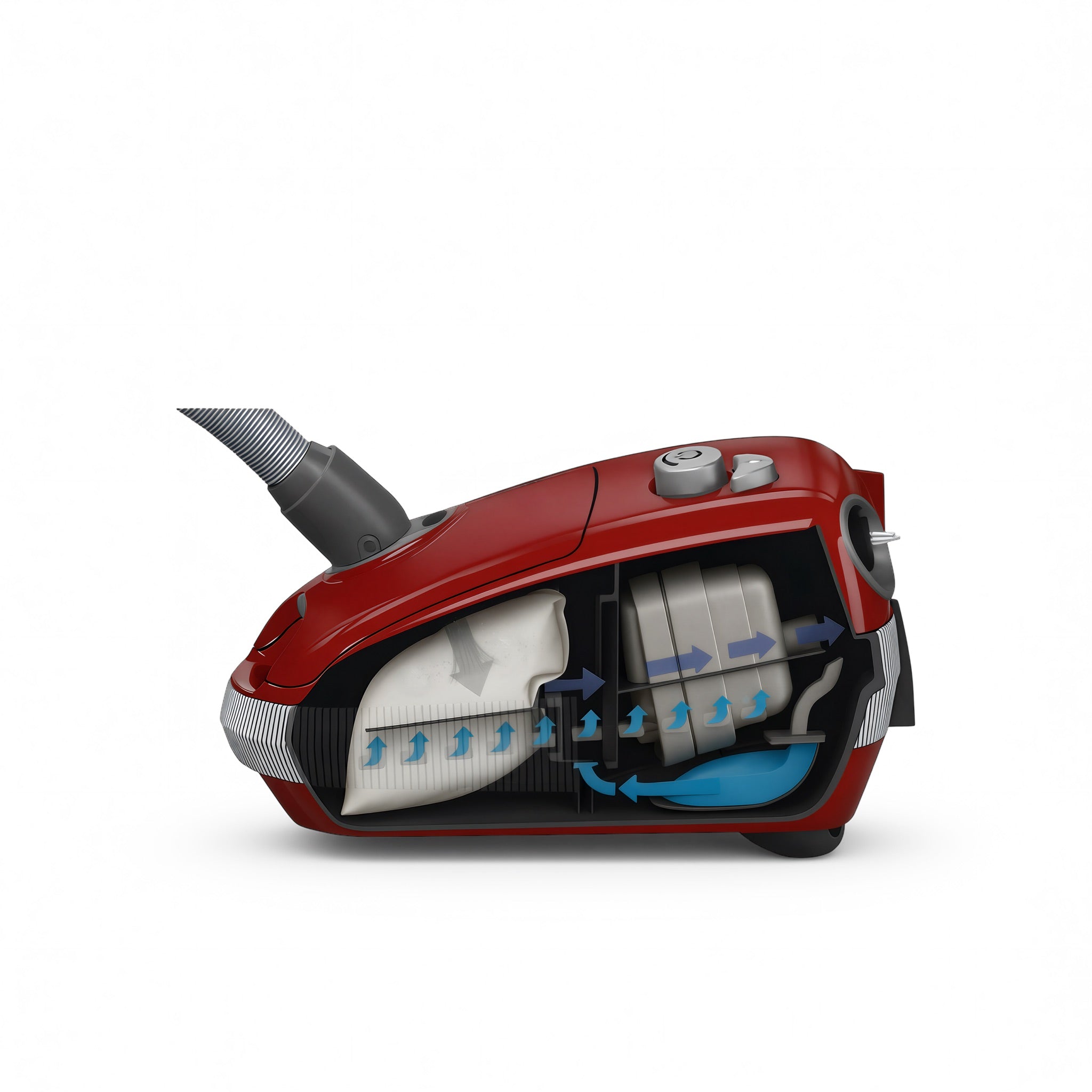 Cutaway of a red Sebo E3 Premium showing air passing through the bag, pre-motor filter and exhaust microfilter in its sealed S-Class system