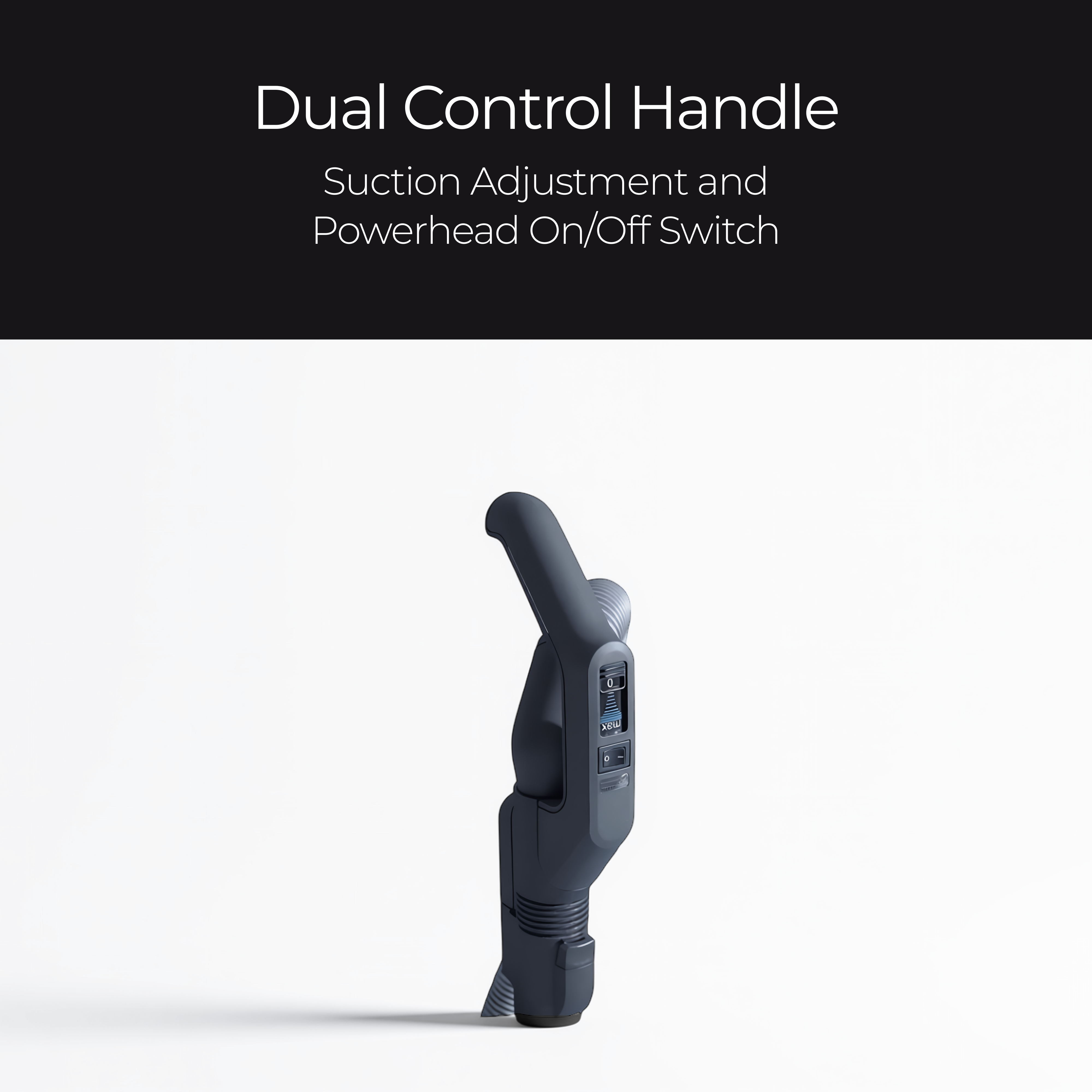 A dark gray dual control handle the Sebo E3 and Sebo K3 vacuum cleaner, shown on a white background with a black banner at the top containing the text 'Dual Control Handle' and 'Suction Adjustment and Powerhead On/Off Switch'.