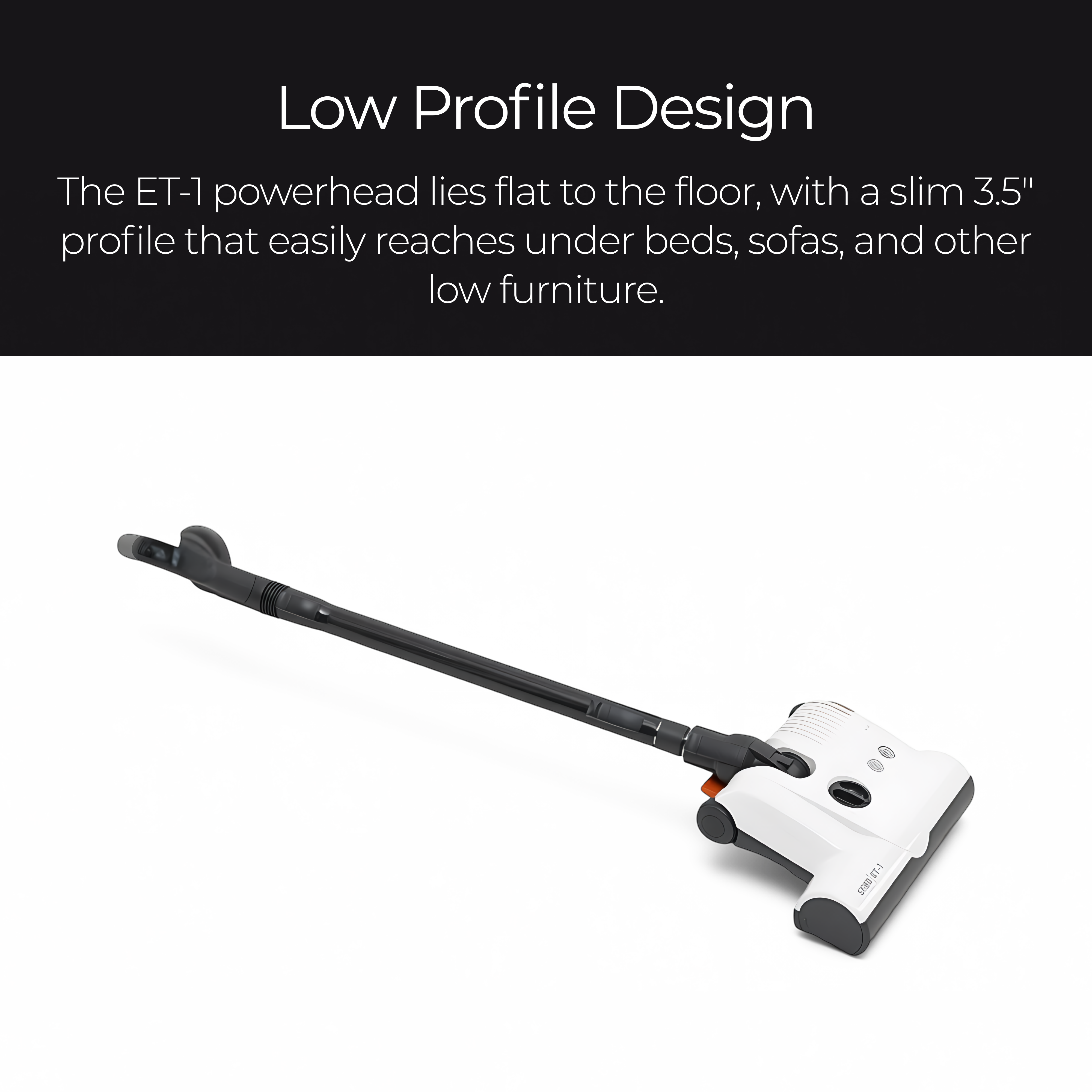 A sebo ET1 Powerhead with a long black dual-control handle and a white floor head, shown on a white background with a black banner at the top reading 'Dual Control Handle' and 'Suction Adjustment and Powerhead On/Off Switch.'.