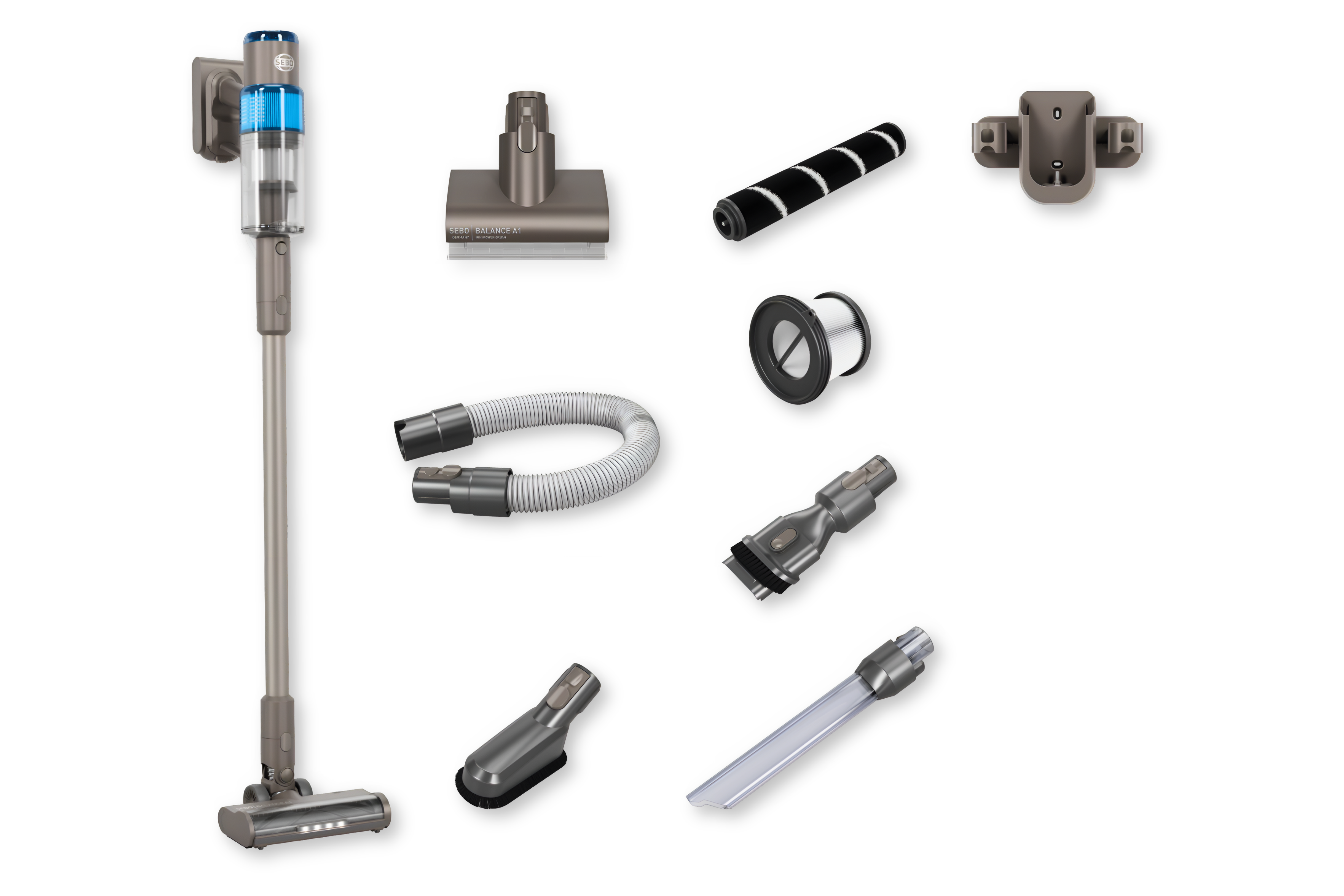 SEBO Balance A1 cordless vacuum with complete accessory kit and wall charger