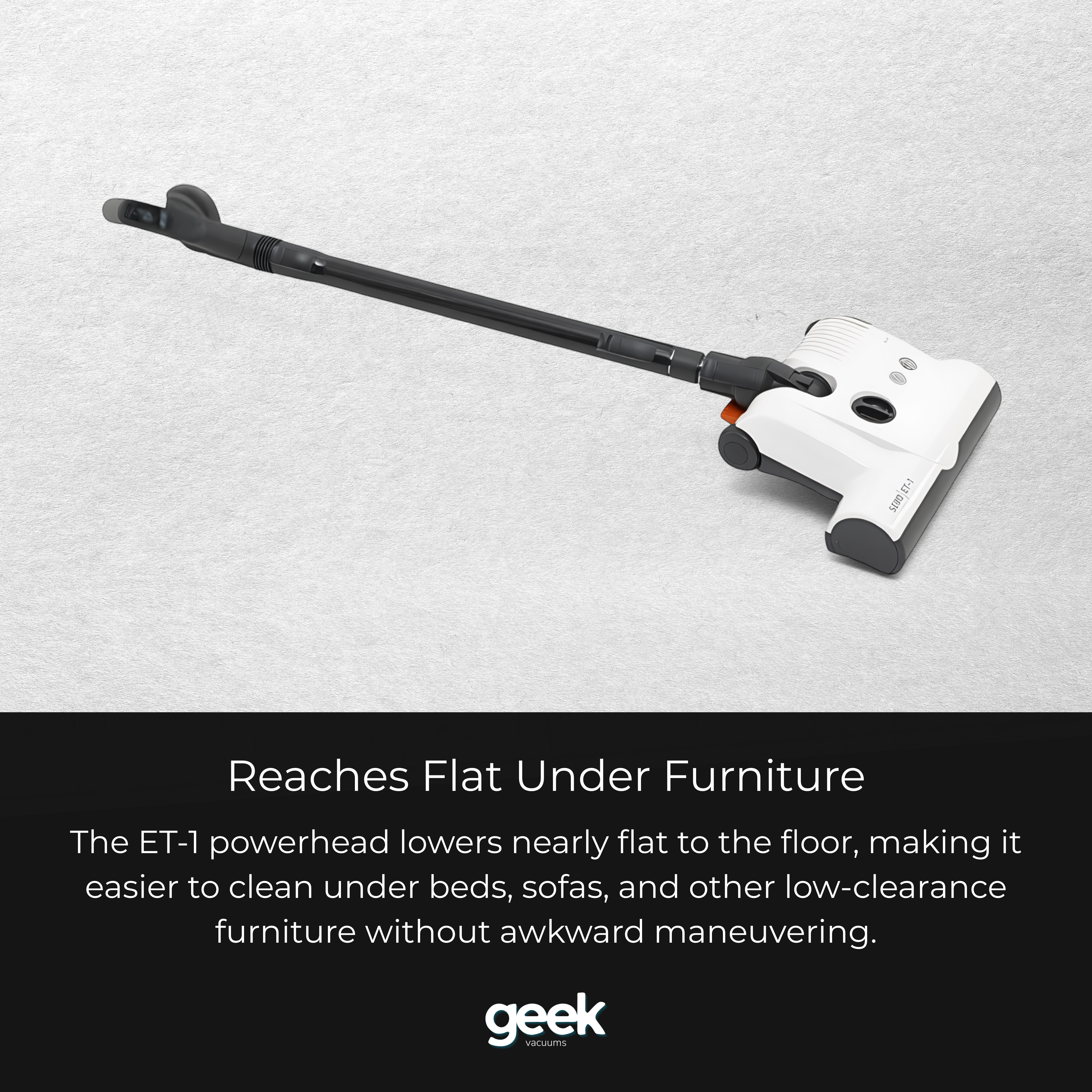 SEBO D4 ET-1 powerhead lying flat to reach under beds, furniture, and low-clearance spaces while vacuuming.