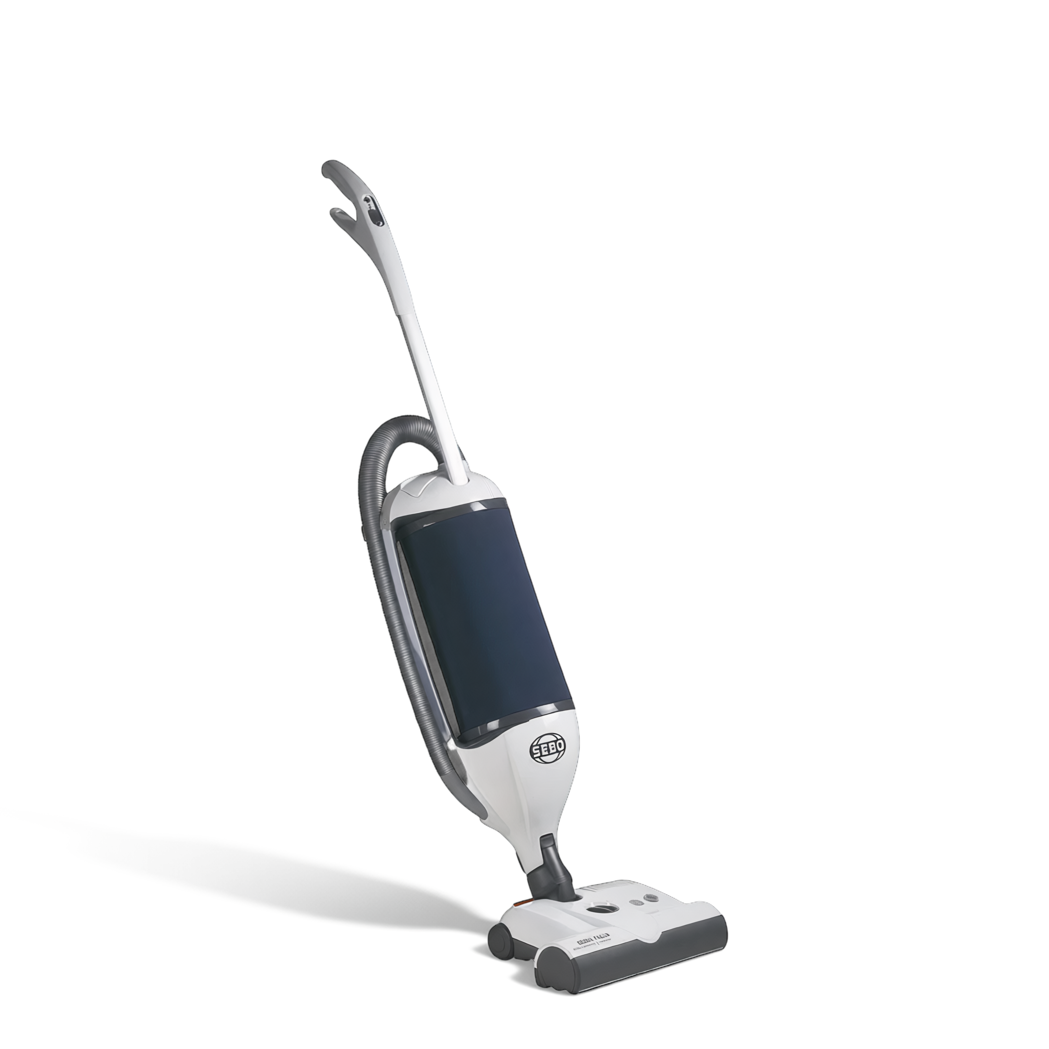 A Sebo upright vacuum cleaner in white and navy blue, shown from a three-quarters angle on a clean white background.