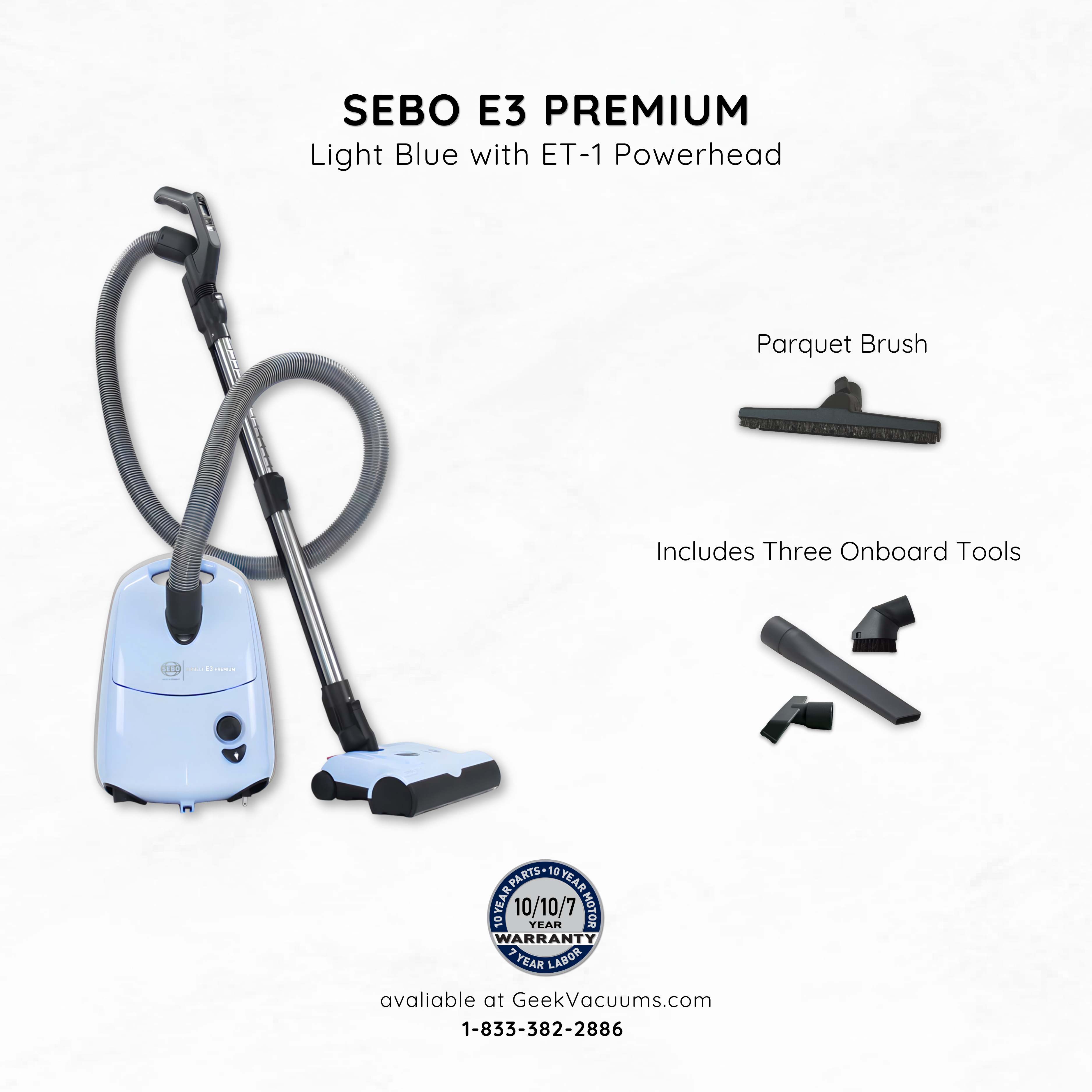 Sebo_E3_Canister_Vacuum light blue pastel with parquet brush, crevice tool, dusting brush, and upholstery tool