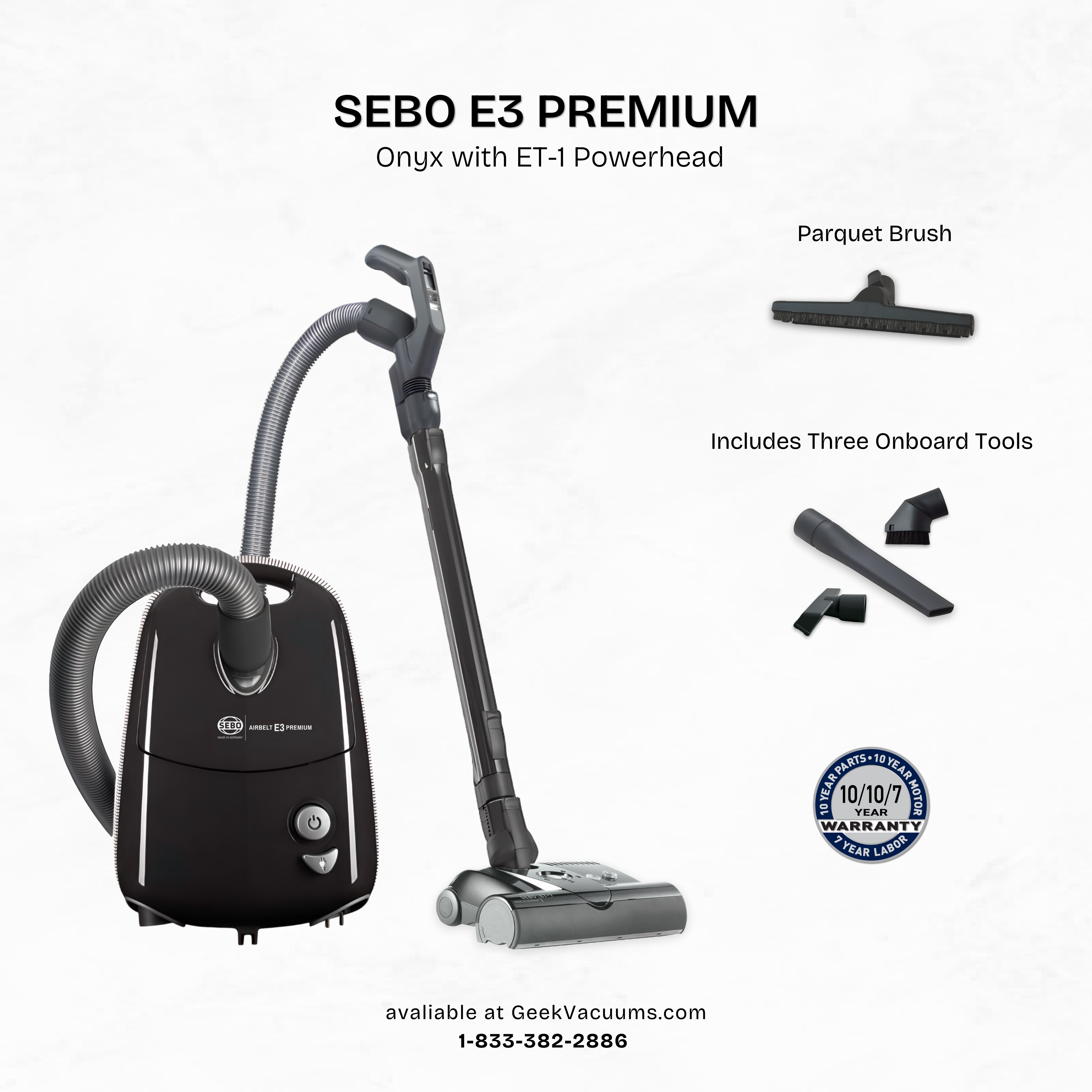 Sebo_E3_Canister_Vacuum_Onyx black with parquet brush, crevice tool, dusting brush, and upholstery tool