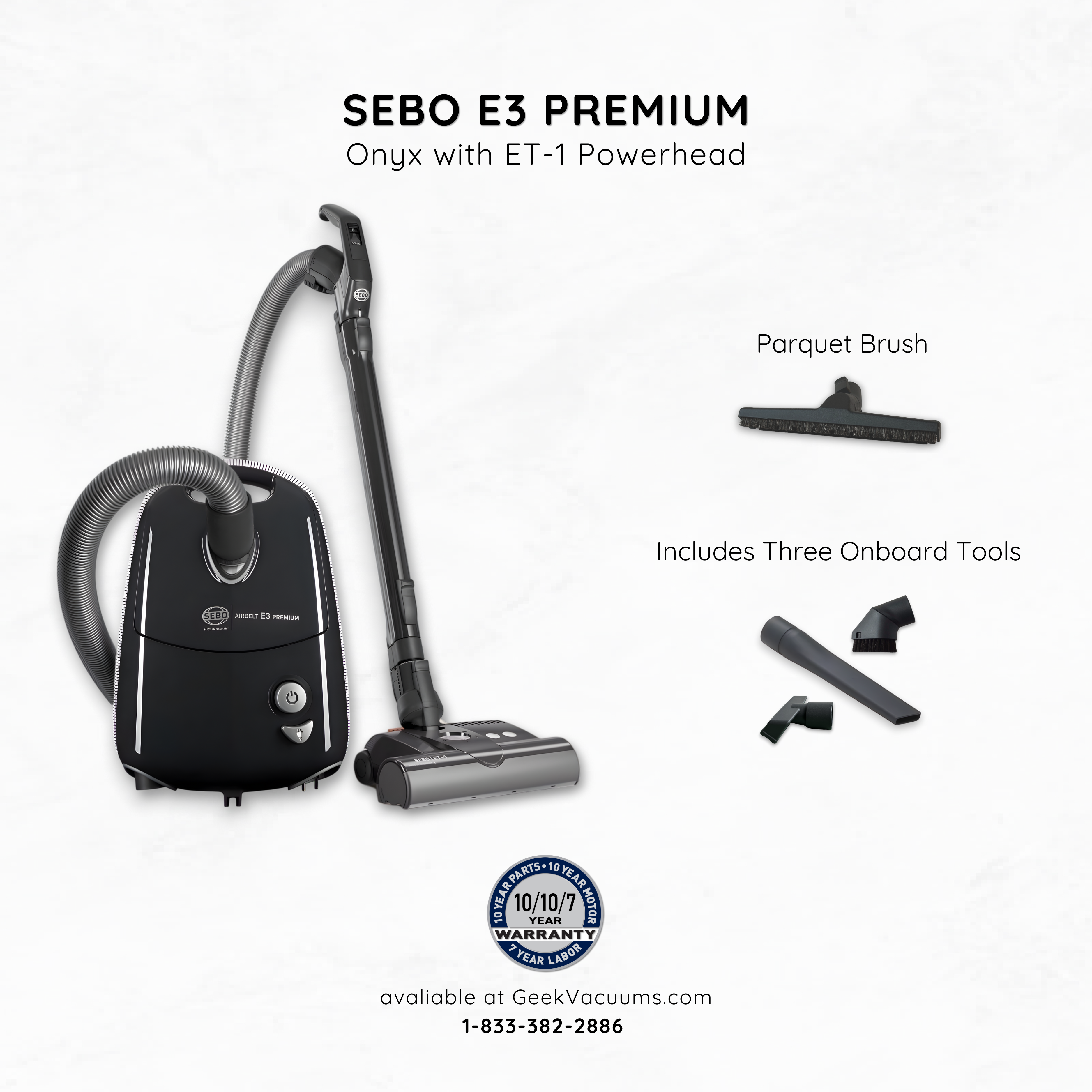 Sebo_E3_Canister_Vacuum_Onyx black with parquet brush, crevice tool, dusting brush, and upholstery tool