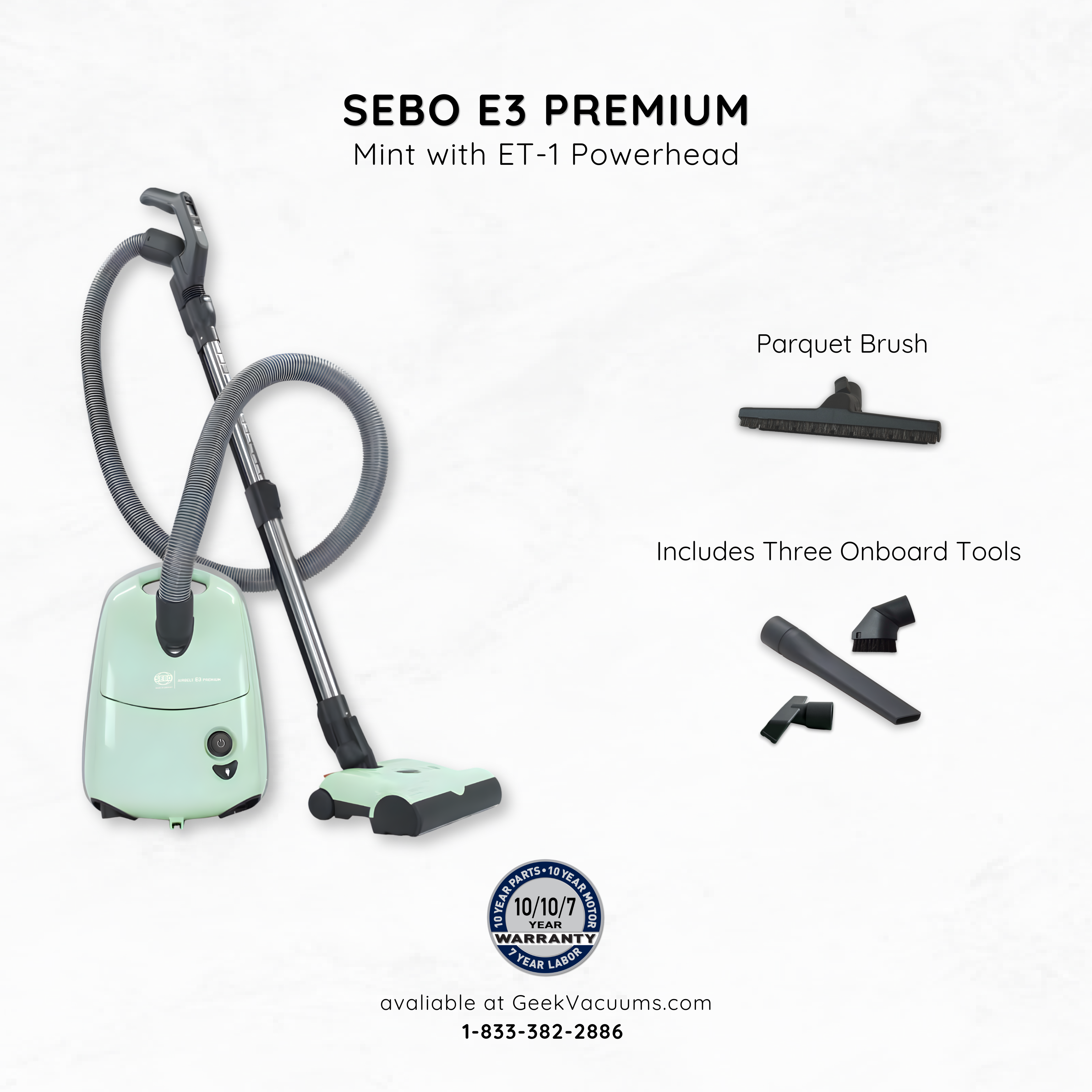 Sebo_E3_Canister_Vacuum_pastel mint green with parquet brush, crevice tool, dusting brush, and upholstery tool