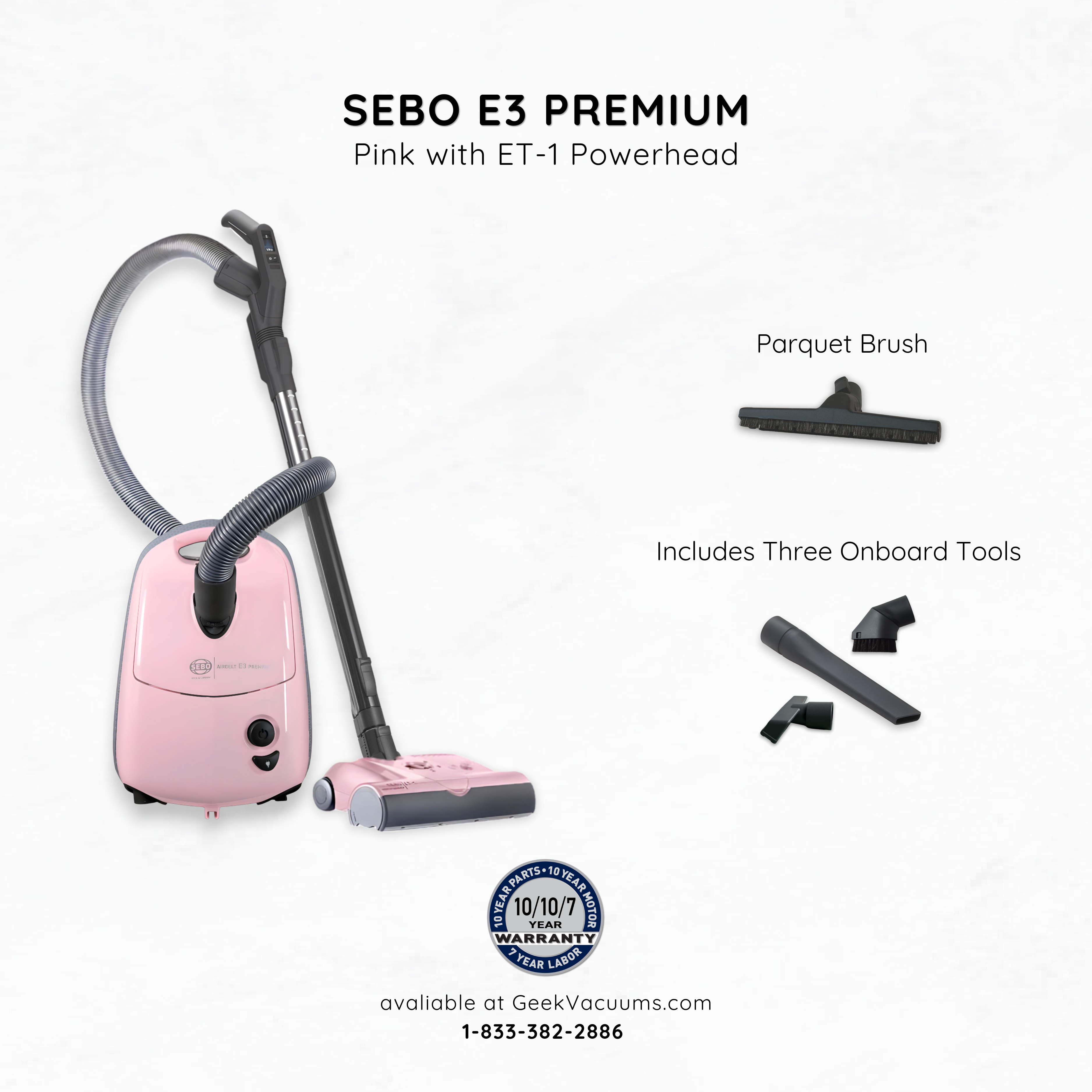 Sebo_E3_Canister_Vacuum_Pink with parquet brush, crevice tool, dusting brush, and upholstery tool
