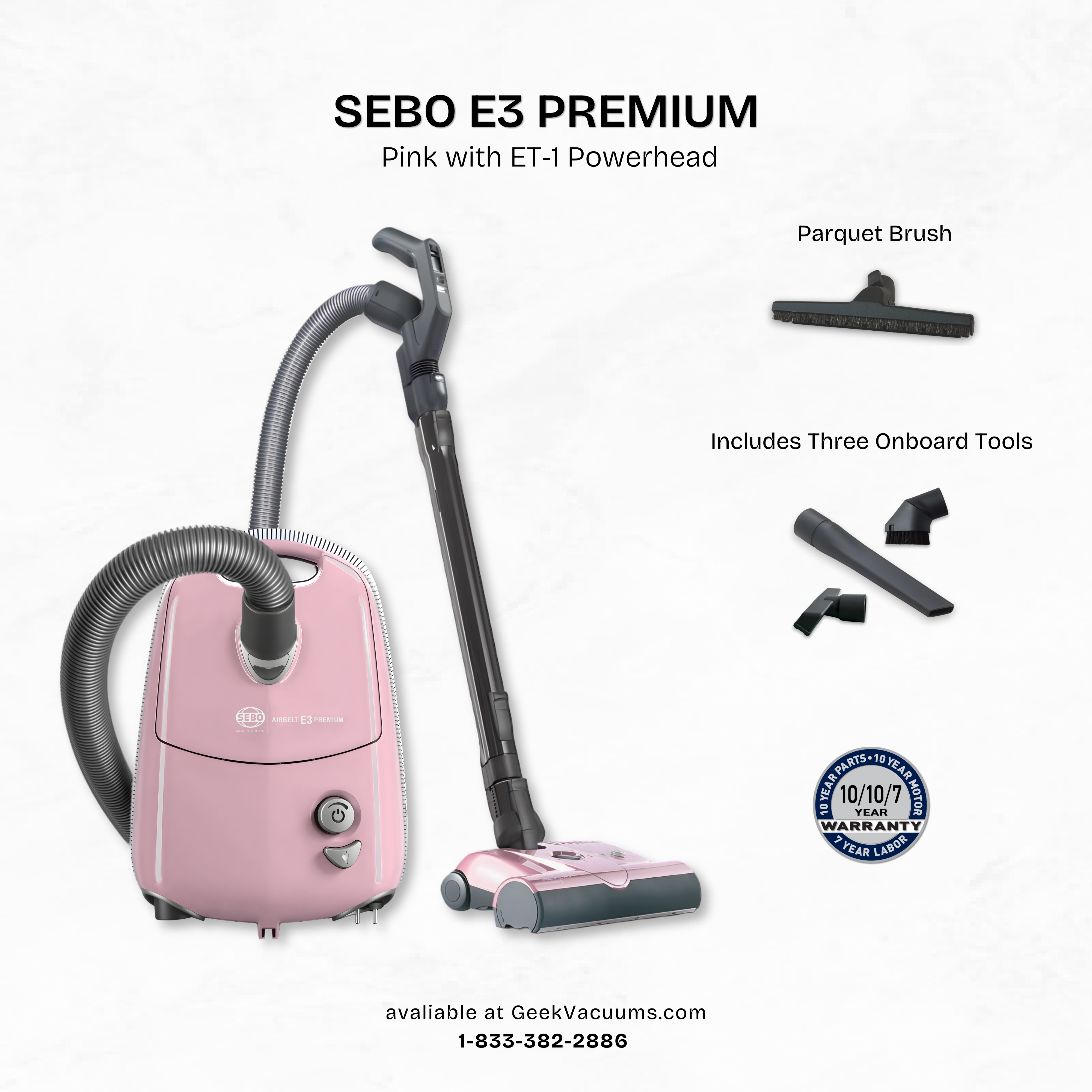 Sebo_E3_Canister_Vacuum_Pink with parquet brush, crevice tool, dusting brush, and upholstery tool