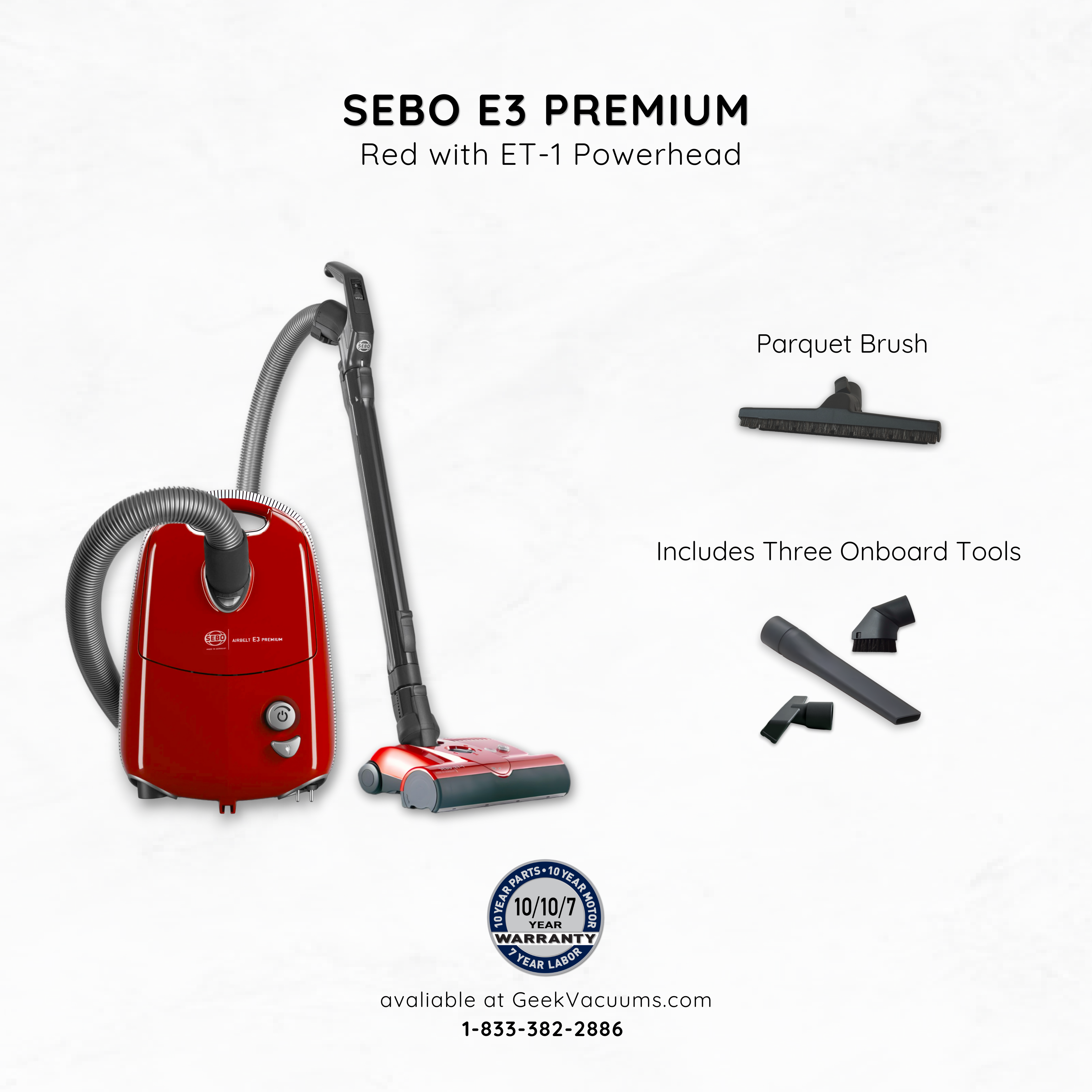 Sebo_E3_Canister_Vacuum_red with parquet brush, crevice tool, dusting brush, and upholstery tool