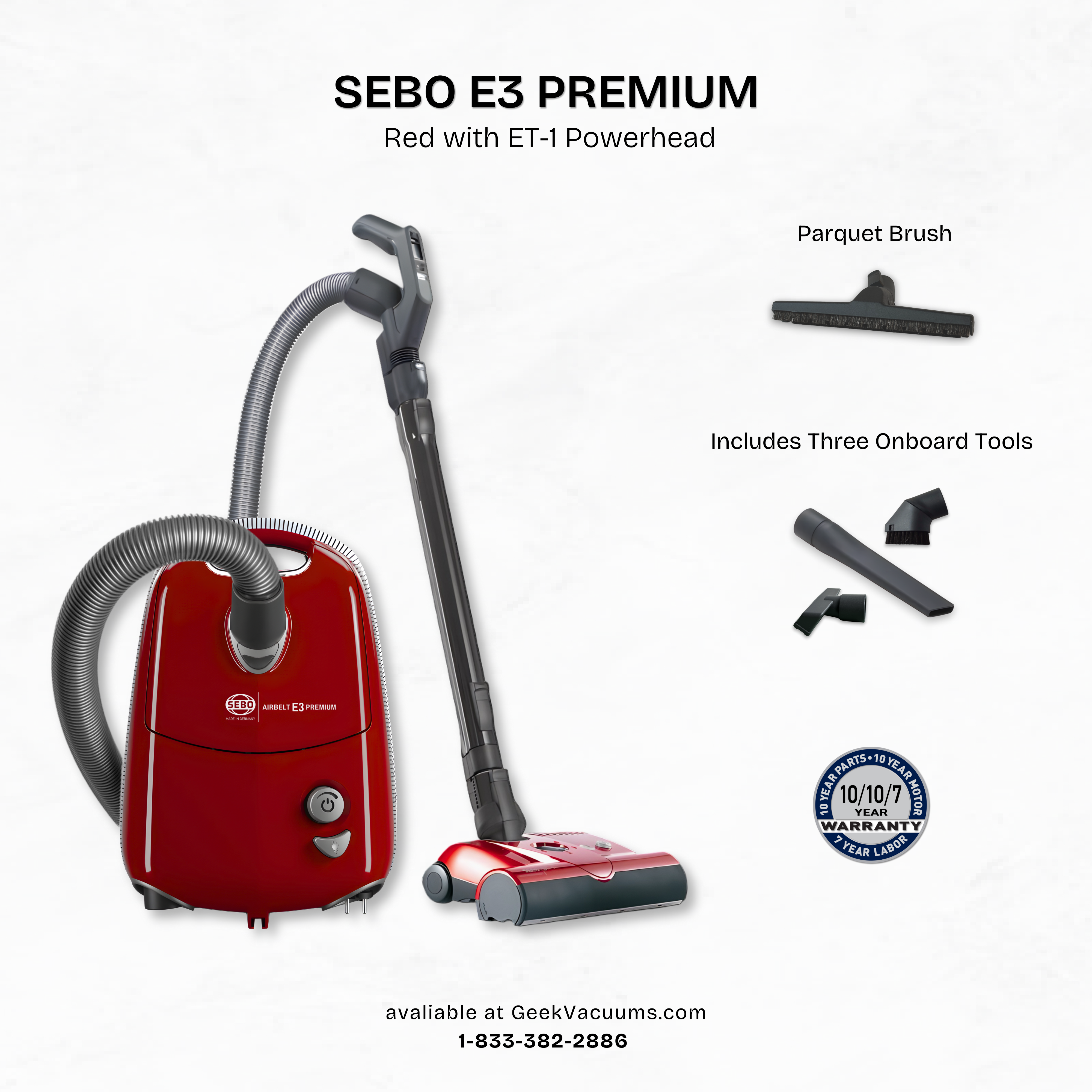Sebo_E3_Canister_Vacuum_red with parquet brush, crevice tool, dusting brush, and upholstery tool