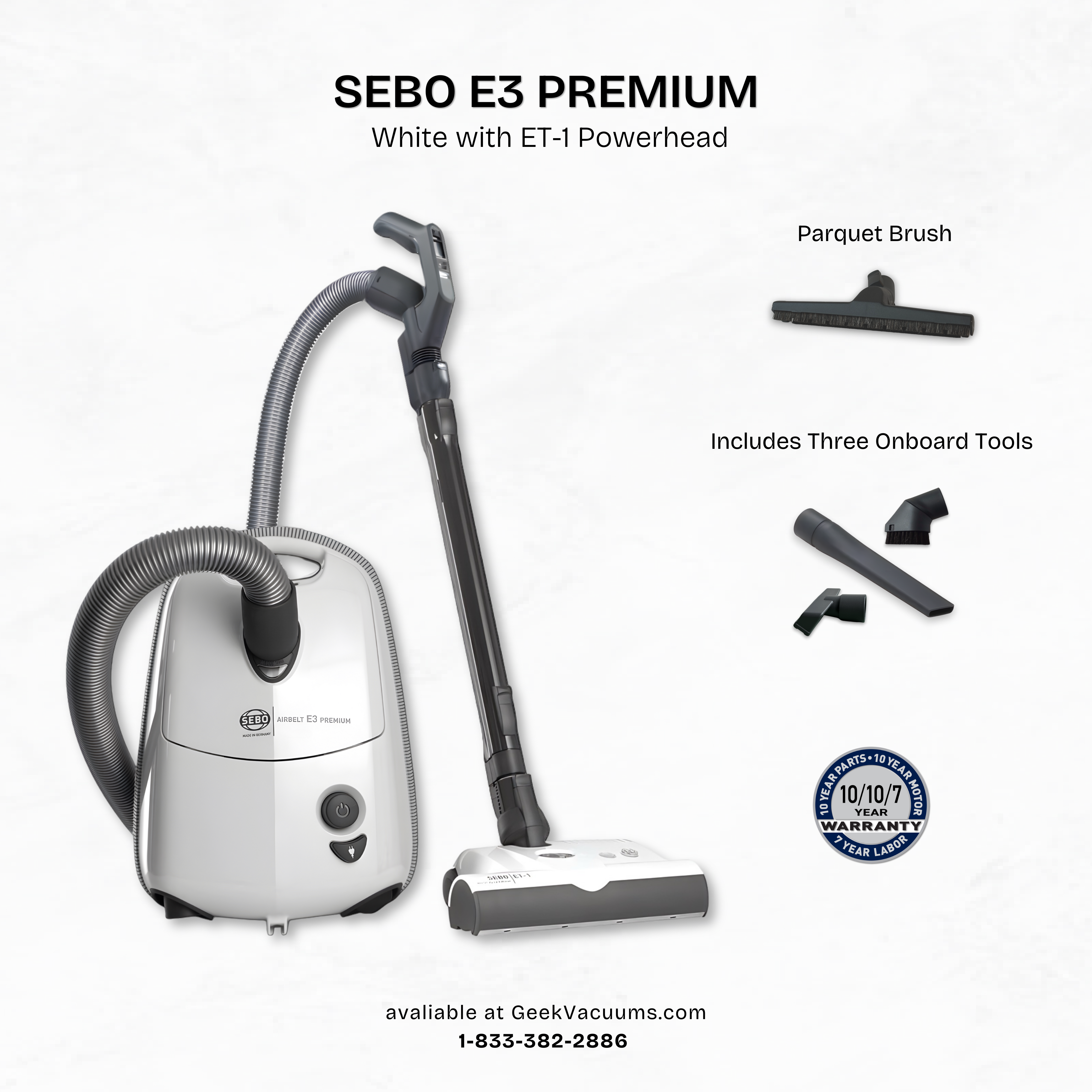Sebo_E3_Canister_Vacuum_White with parquet brush, crevice tool, dusting brush, and upholstery tool