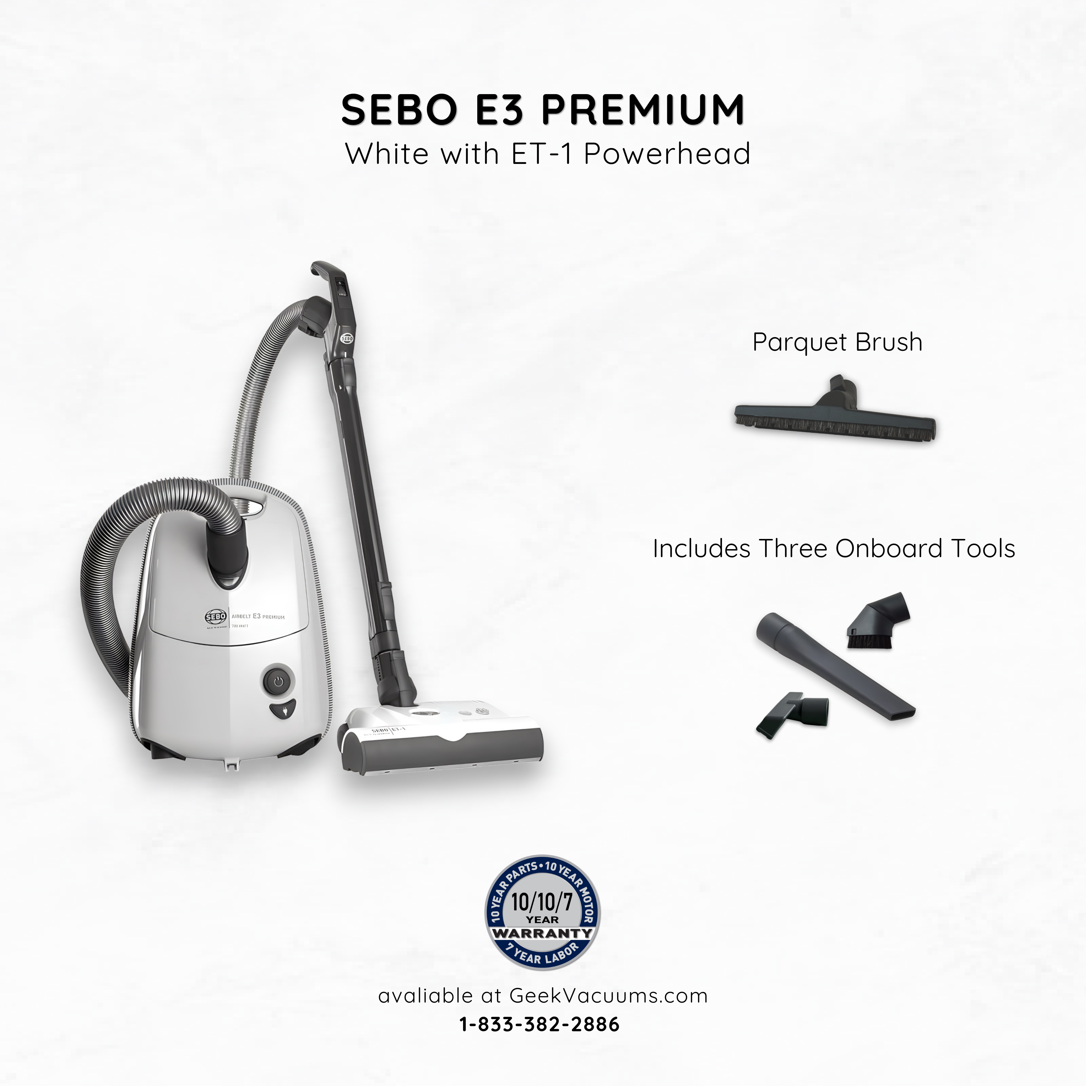 Sebo_E3_Canister_Vacuum_White with parquet brush, crevice tool, dusting brush, and upholstery tool