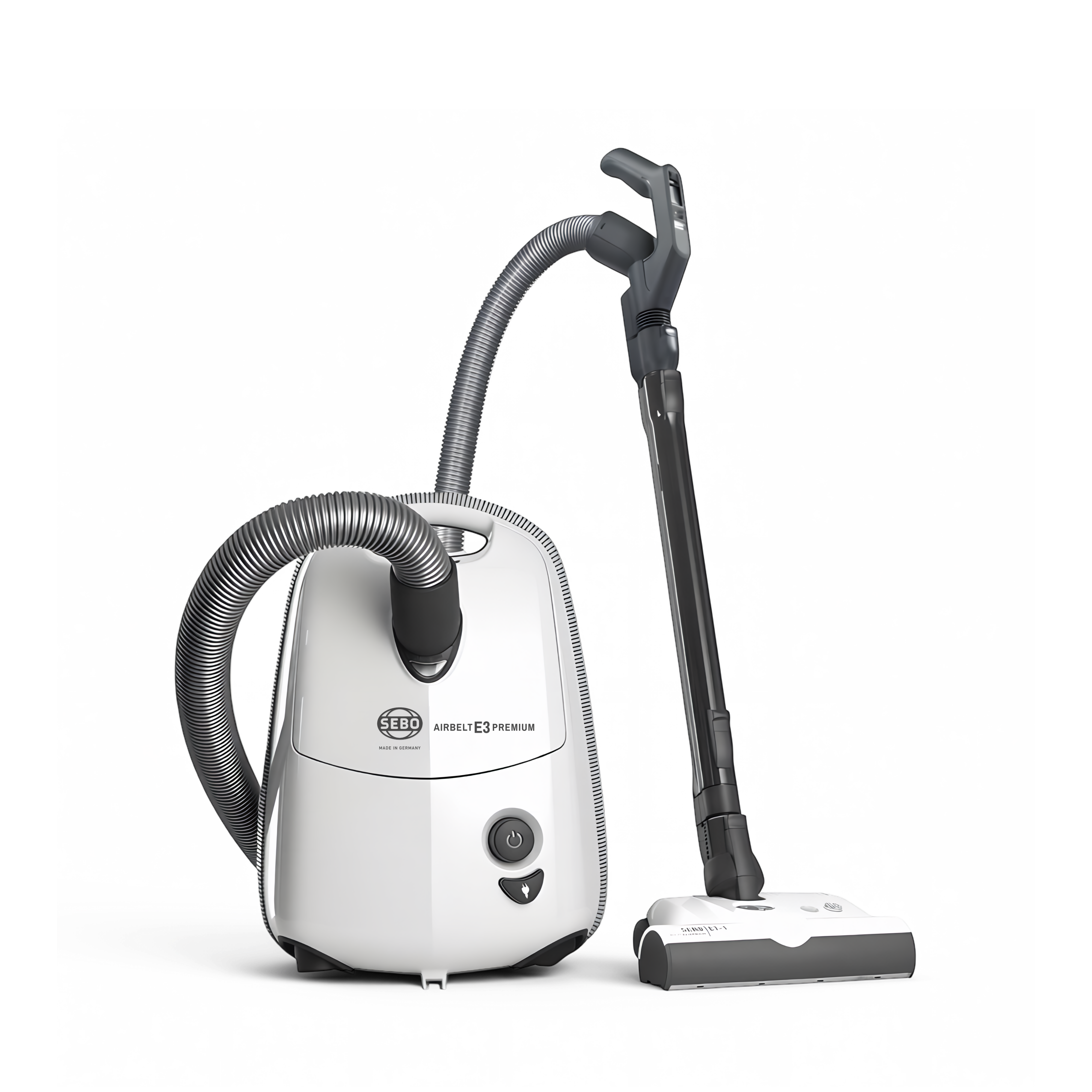 A white Sebo E3 vacuum cleaner with a flexible hose and long handle, shown on a clean white background.
