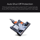 A Sebo powerhead shown on a white background with a black text banner at the top that reads 'Auto Shut Off Protection' and explains the safety feature. The product is dark gray/black with orange accents and a gray cleaning brush.