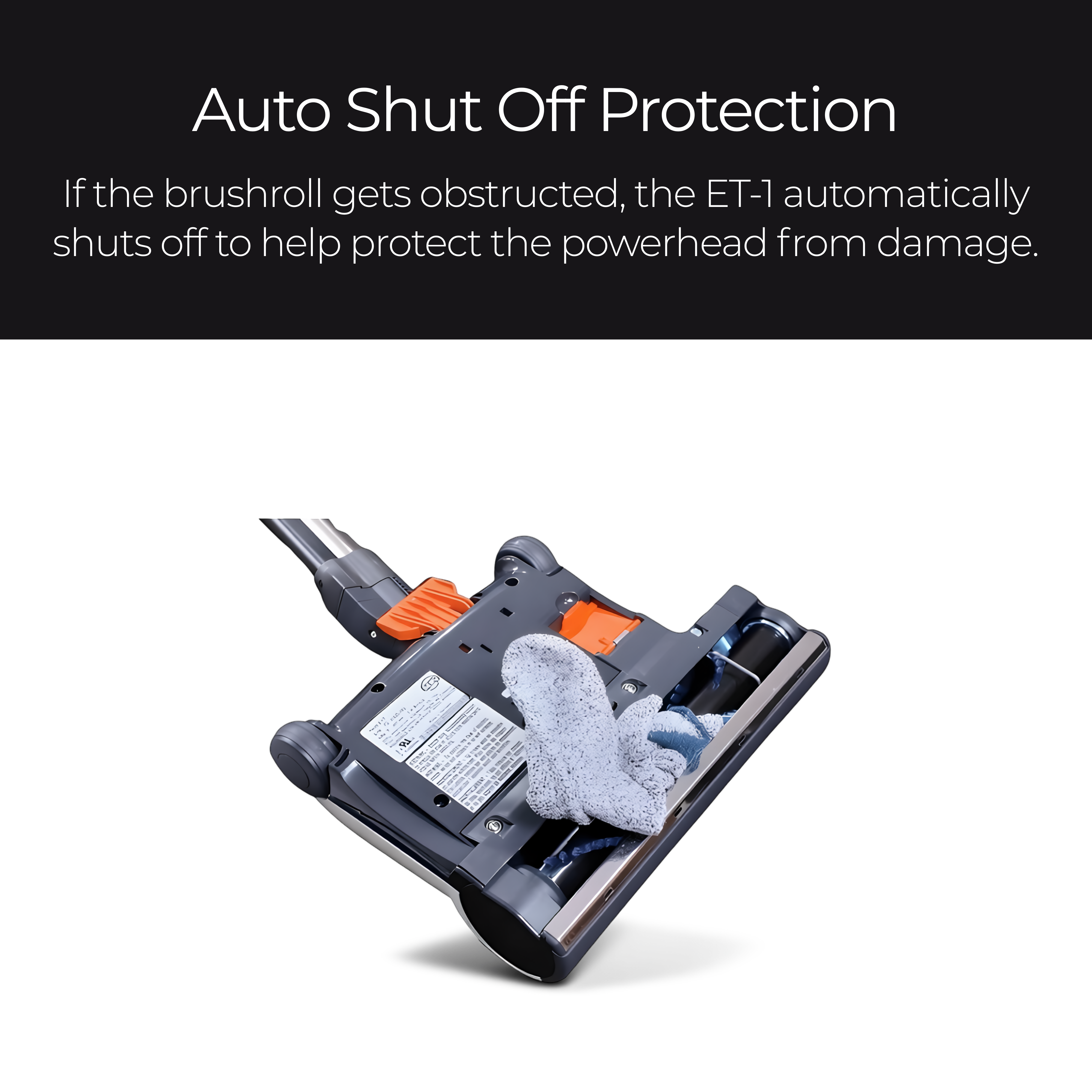 A Sebo powerhead shown on a white background with a black text banner at the top that reads 'Auto Shut Off Protection' and explains the safety feature. The product is dark gray/black with orange accents and a gray cleaning brush.