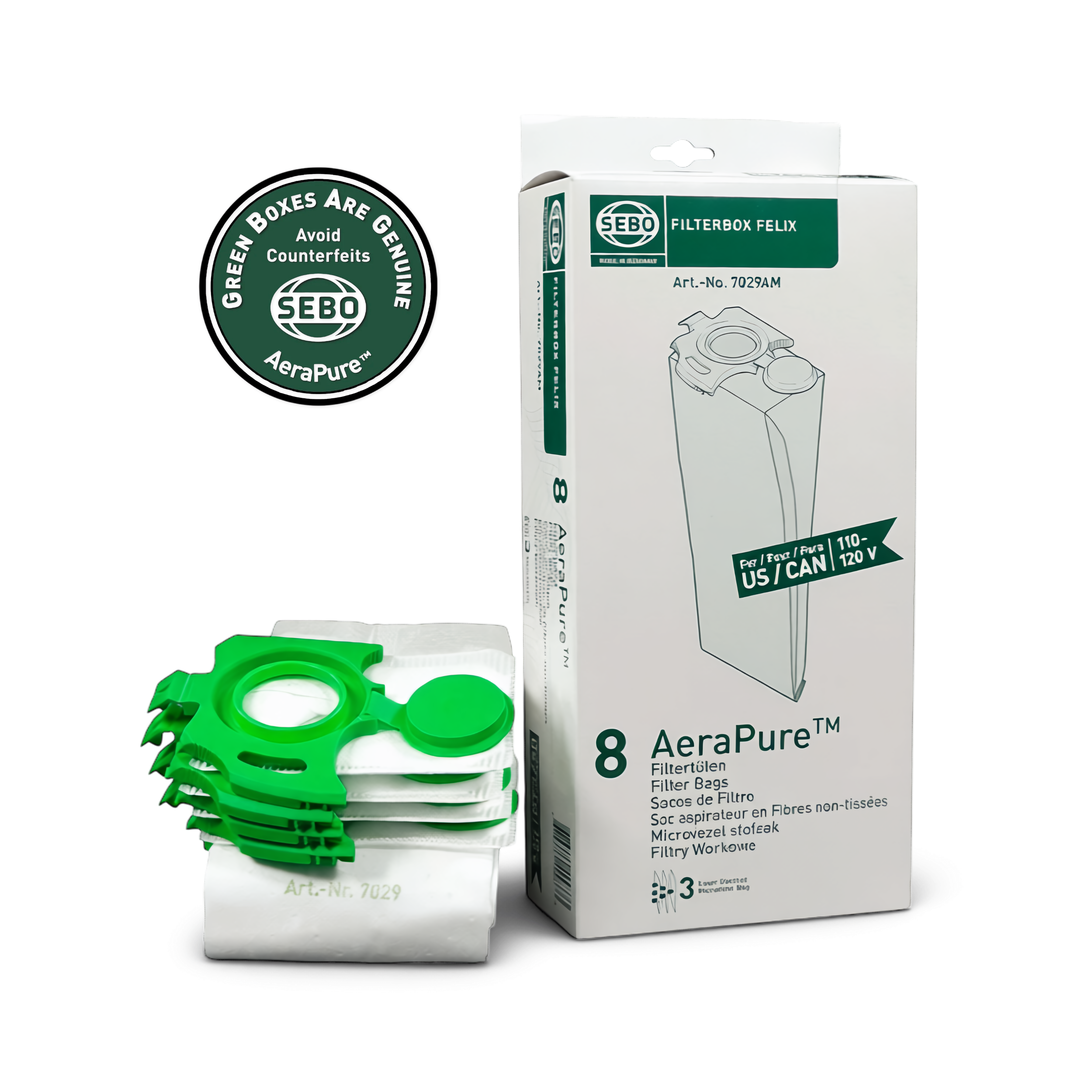 Sebo Felix and Dart AeraPure filter bags and packaging on a white background