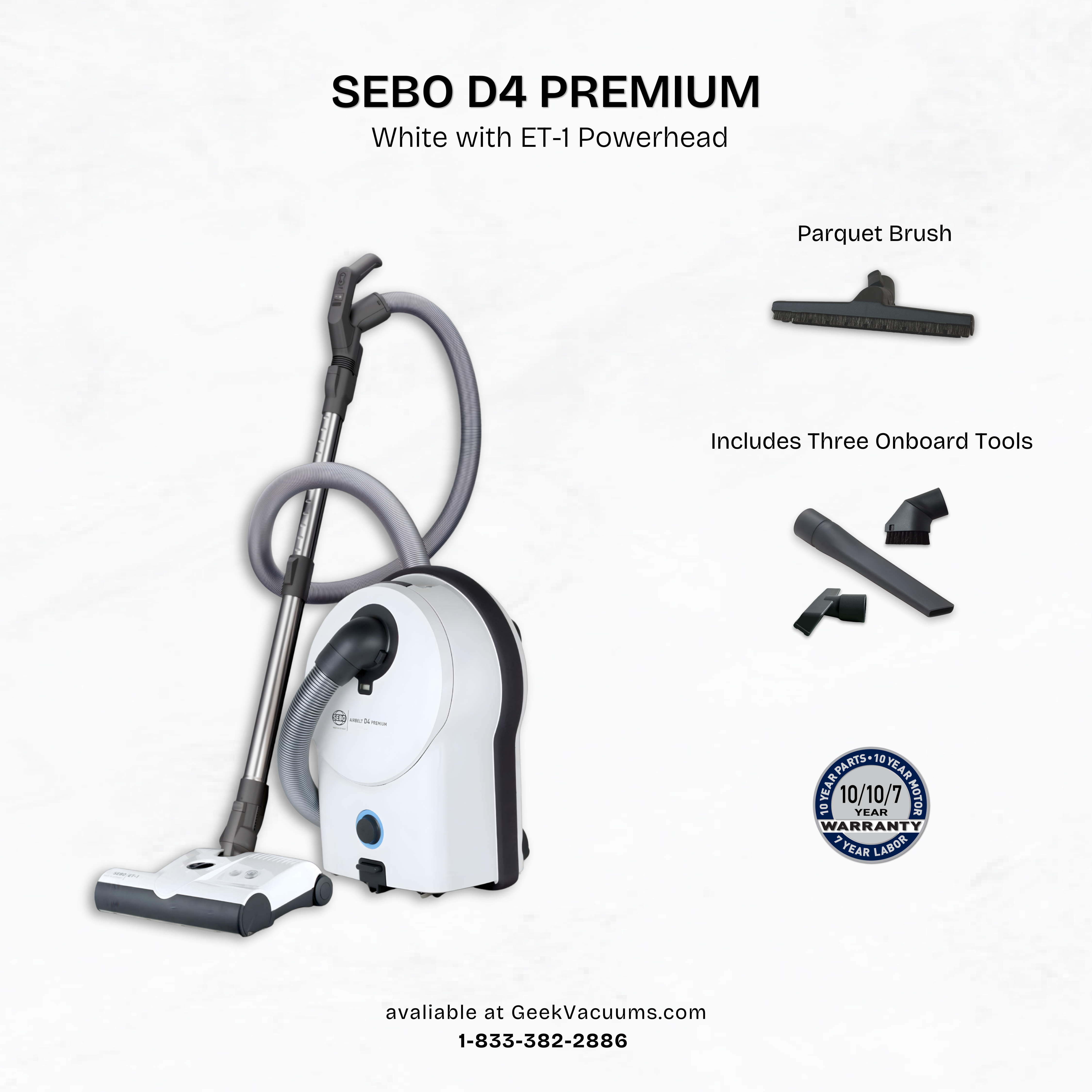 white Sebo D4 canister vacuum wit parquet brush, dust brush, upholstrey tool, and crevice tool