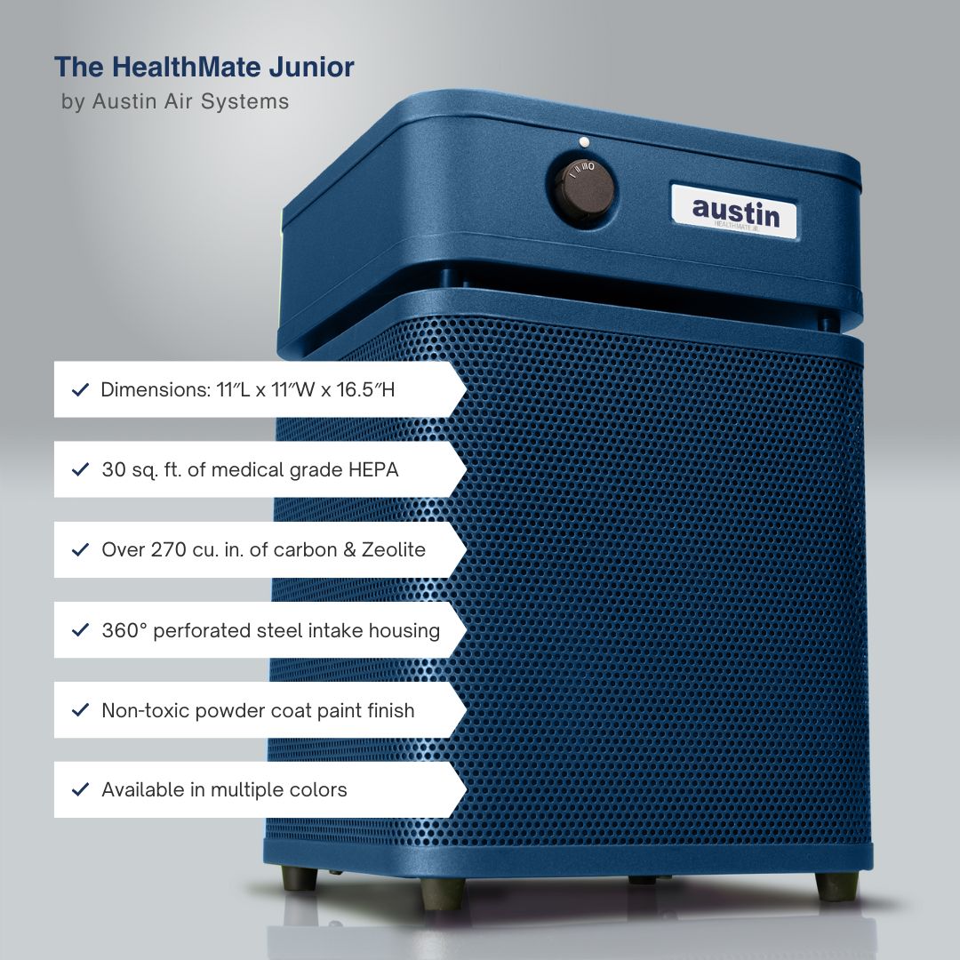 Austin Air HealthMate Junior in Midnight Blue with its main features listed