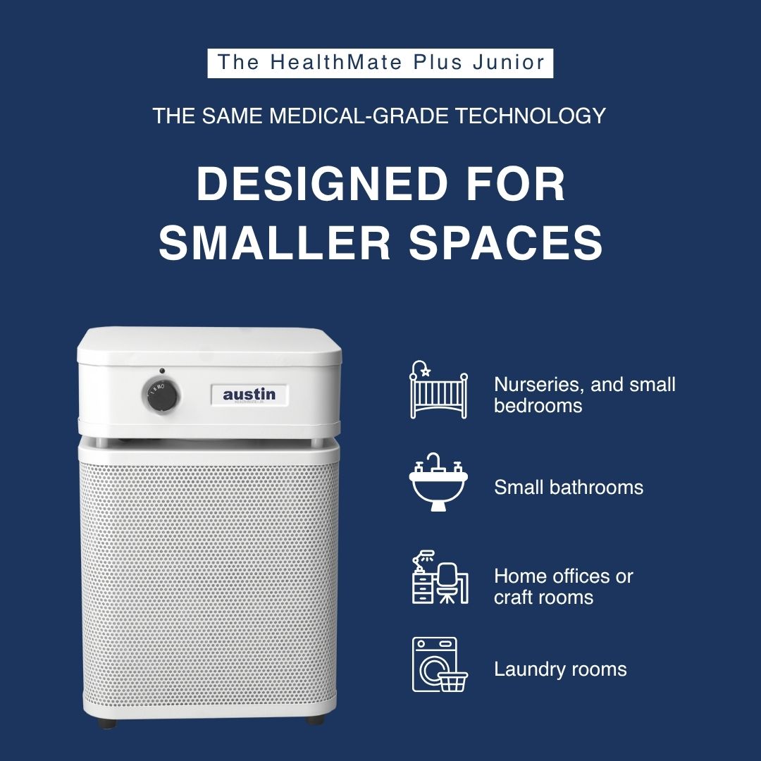 Austin Air HealthMate Plus Junior with the smaller spaces it suits listed beside it
