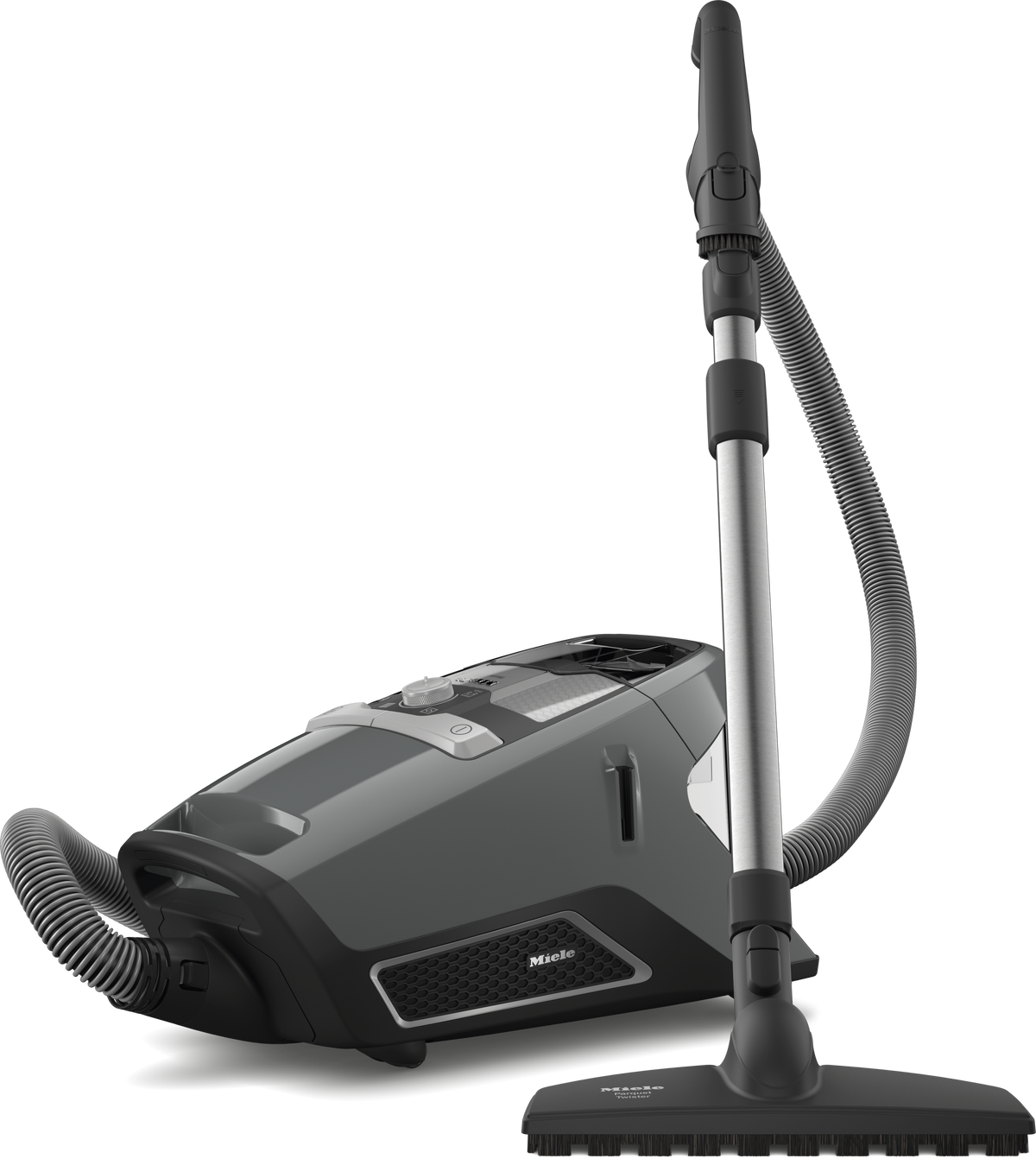 Miele Blizzard CX1 PureSuction PowerLine bagless canister vacuum in Graphite grey, front view