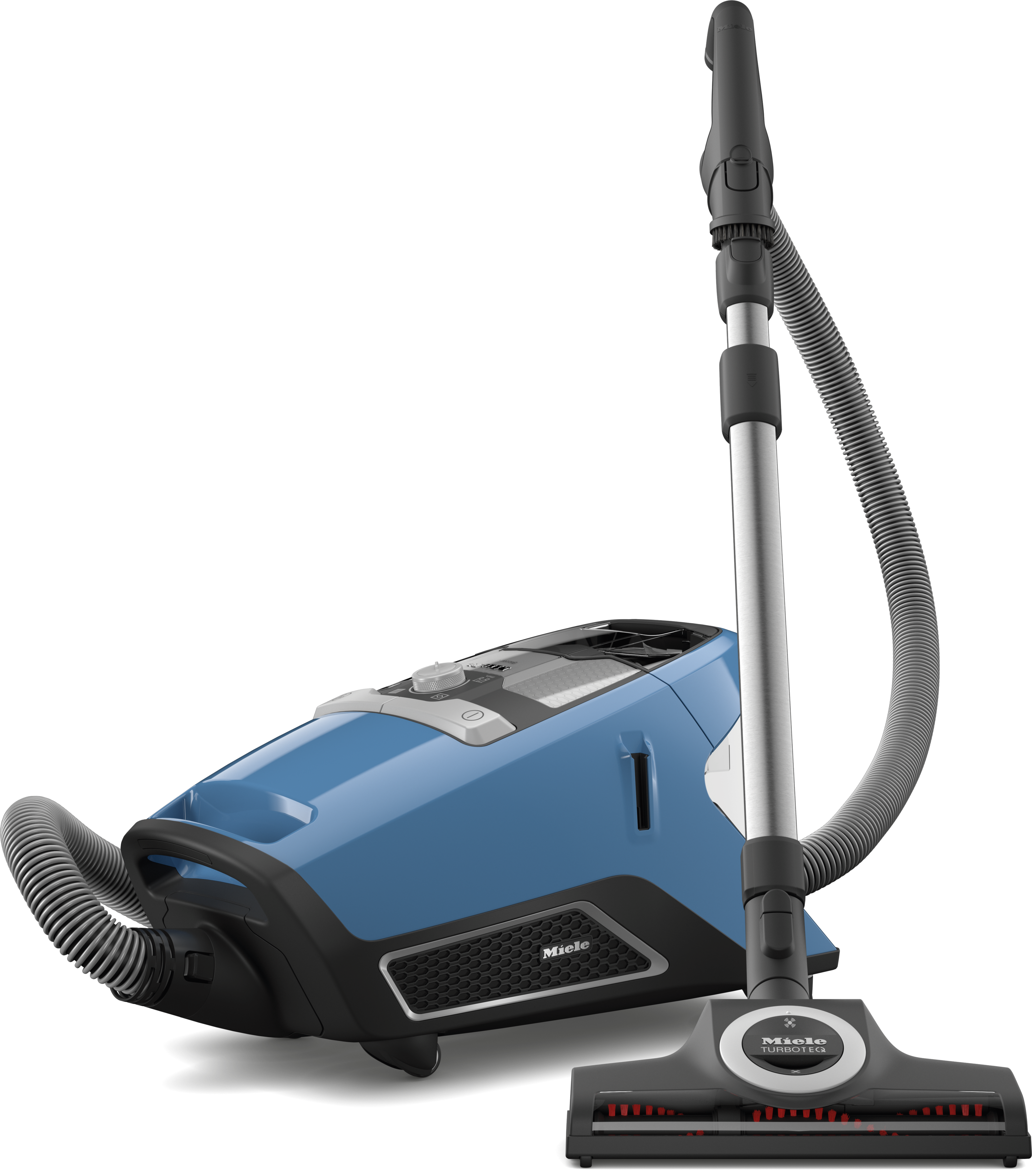 Miele Blizzard CX1 TurboTeam PowerLine bagless canister vacuum in Tech blue, front view