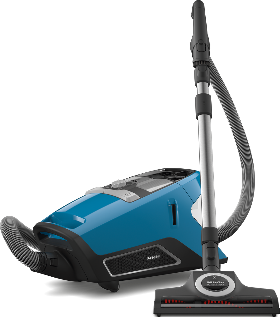 Miele Blizzard CX1 TurboTeam PowerLine bagless canister vacuum in Tech blue, front view