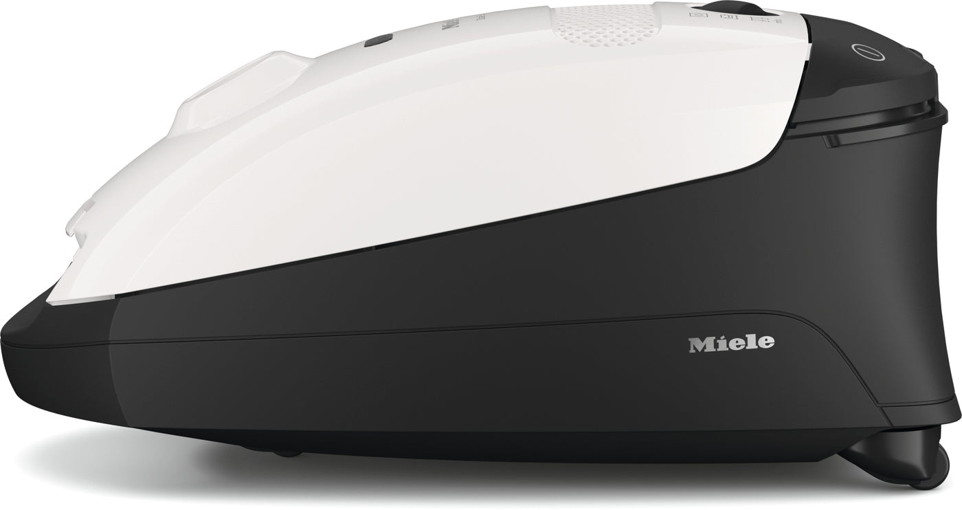 Miele Classic C1 Cat and Dog canister in Lotus White, side view.